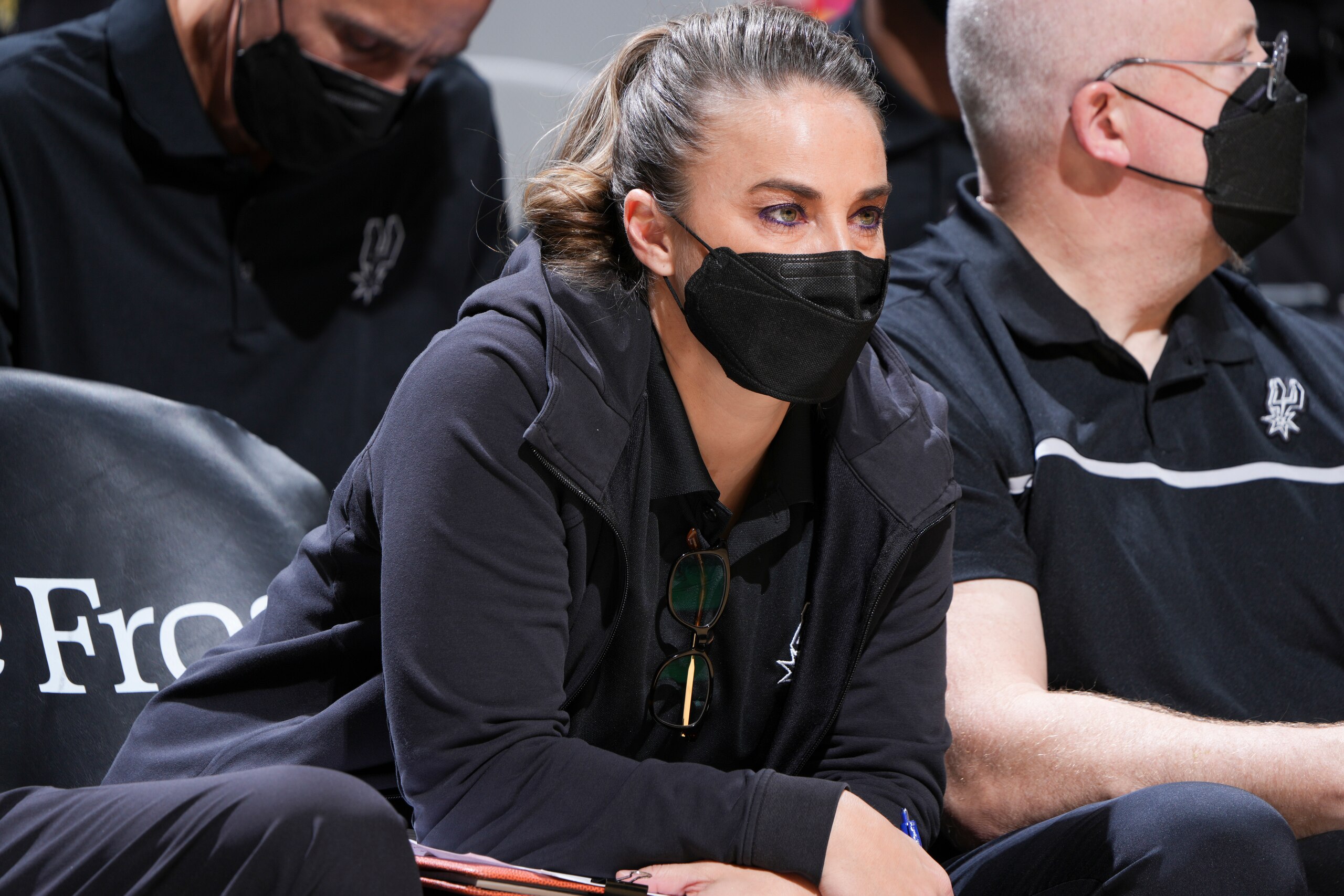 SAN ANTONIO, TX - DECEMBER 11: Assistant Coach Becky Hammon of the San Antonio Spurs looks on during the game against the Denver Nuggets on December 11, 2021 at the AT&T Center in San Antonio, Texas. NOTE TO USER: User expressly acknowledges and agrees that, by downloading and or using this photograph, user is consenting to the terms and conditions of the Getty Images License Agreement. Mandatory Copyright Notice: Copyright 2021 NBAE (Photos by Garrett Ellwood/NBAE via Getty Images)