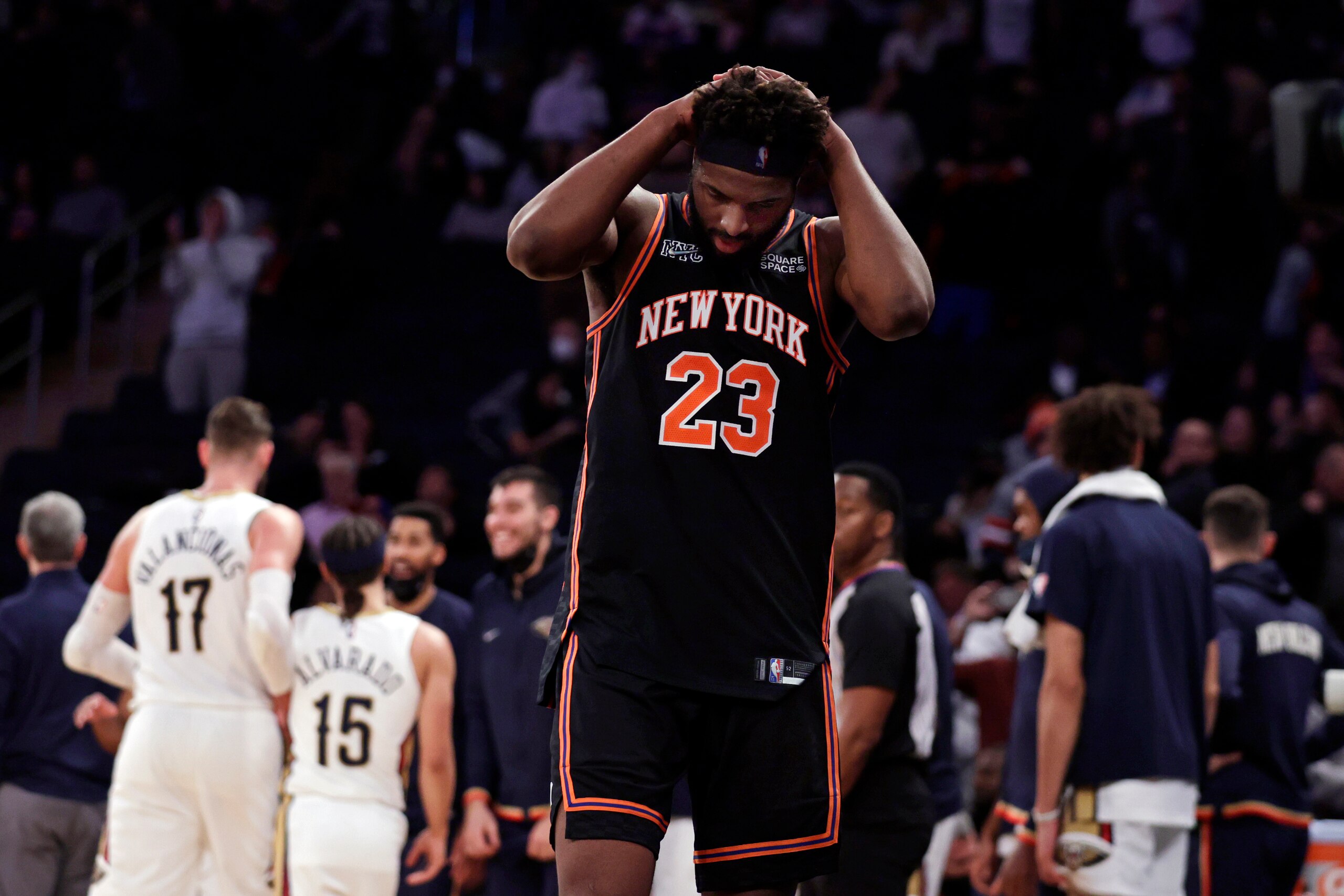 New York Knicks center Mitchell Robinson (23) reacts after losing to the New Orleans Pelicans in an NBA basketball game Thursday, Jan. 20, 2022, in New York. (AP Photo/Adam Hunger)