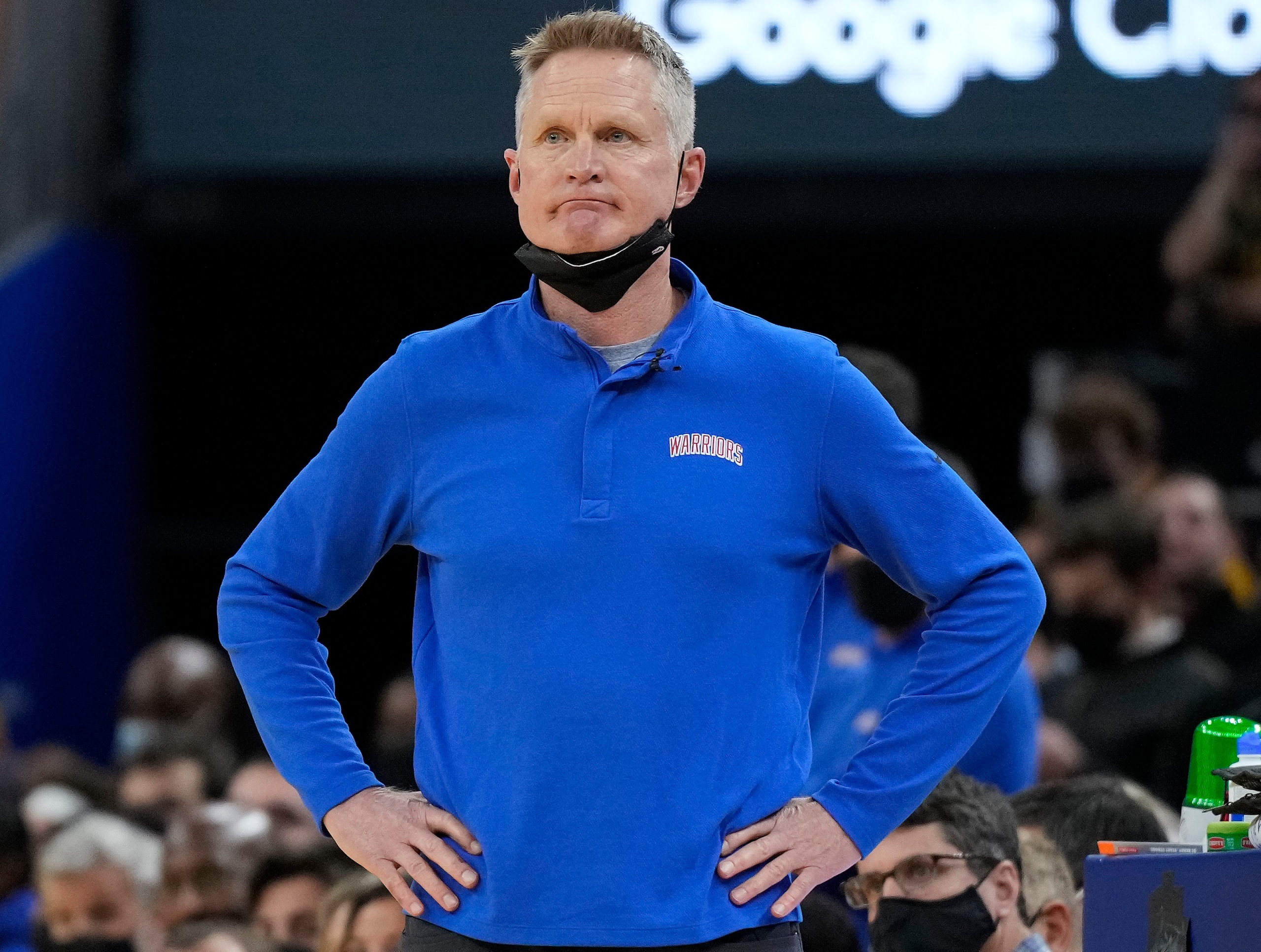 SAN FRANCISCO, CALIFORNIA - JANUARY 20: Head coach Steve Kerr of the Golden State Warriors looks on against the Indiana Pacers during the overtime period of an NBA basketball game at Chase Center on January 20, 2022 in San Francisco, California. NOTE TO USER: User expressly acknowledges and agrees that, by downloading and or using this photograph, User is consenting to the terms and conditions of the Getty Images License Agreement. (Photo by Thearon W. Henderson/Getty Images)