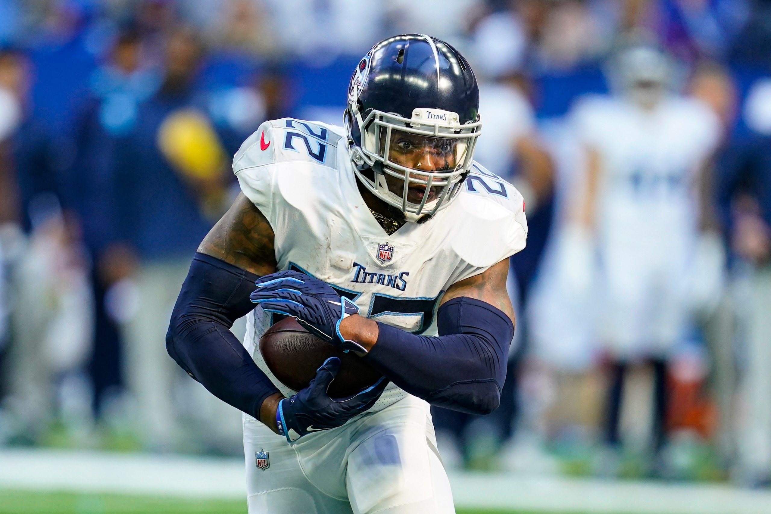 Tennessee Titans running back Derrick Henry (22) runs against the Indianapolis Colts in the second half of an NFL football game in Indianapolis, Sunday, Oct. 31, 2021. (AP Photo/Darron Cummings) Tennessee Titans running back Derrick Henry (22) runs against the Indianapolis Colts in the second half of an NFL football game in Indianapolis, Sunday, Oct. 31, 2021. (AP Photo/Darron Cummings)