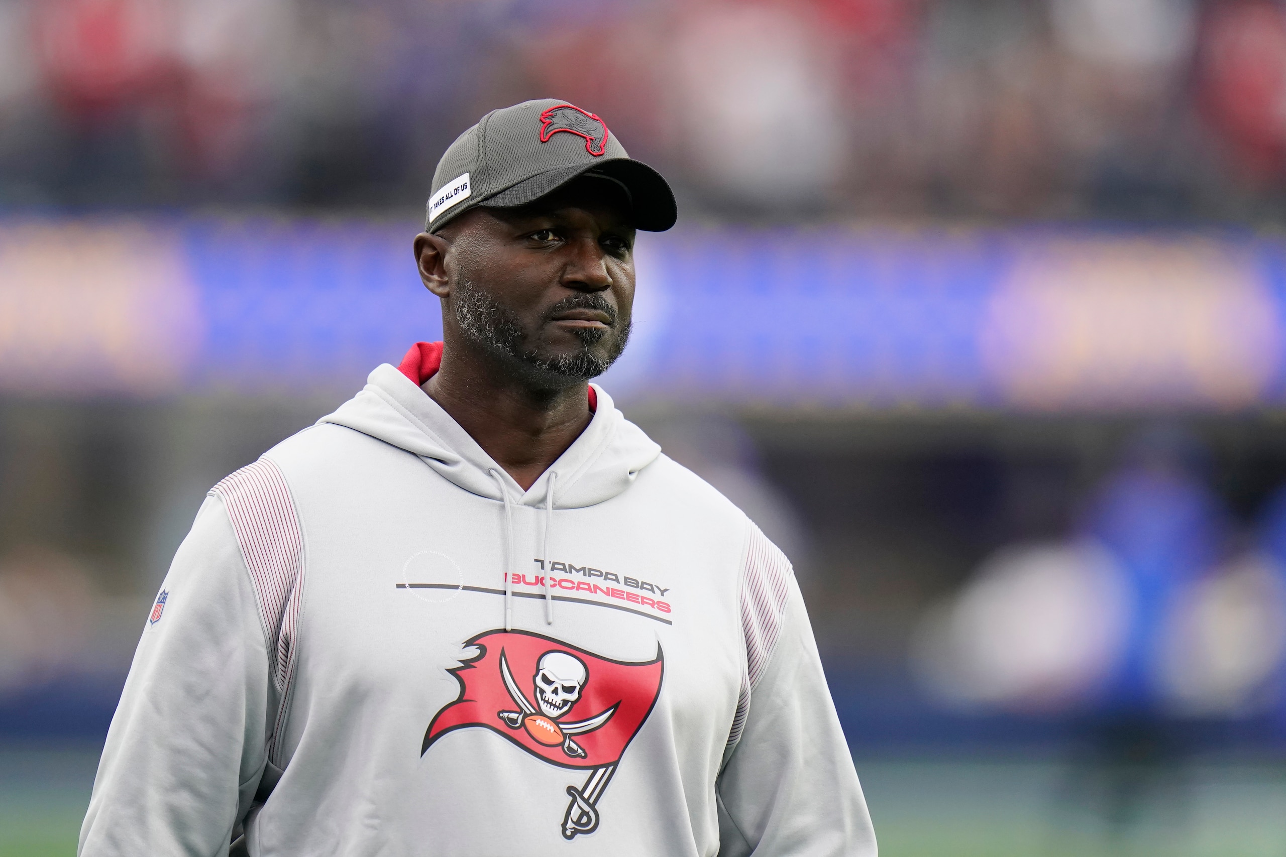 Tampa Bay Buccaneers defensive coordinator Todd Bowles walks on the field before an NFL football game against the Los Angeles Rams Sunday, Sept. 26, 2021, in Inglewood, Calif. (AP Photo/Jae C. Hong)