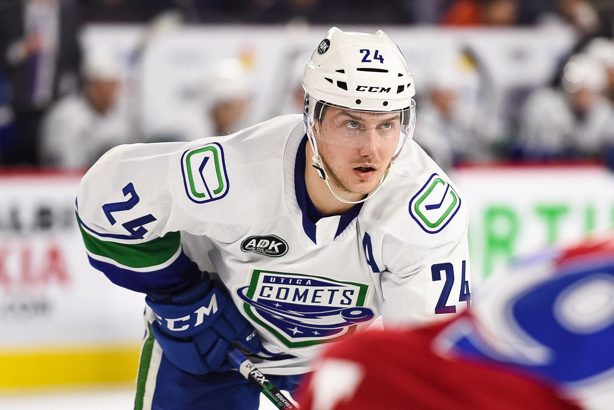 LAVAL, QC - FEBRUARY 05: Utica Comets left wing Reid Boucher (24) waits for a faceoff during the Utica Comets versus the Laval Rocket game on February 05, 2020, at Place Bell in Laval, QC (Photo by David Kirouac/Icon Sportswire via Getty Images) LAVAL, QC - FEBRUARY 05: Utica Comets left wing Reid Boucher (24) waits for a faceoff during the Utica Comets versus the Laval Rocket game on February 05, 2020, at Place Bell in Laval, QC (Photo by David Kirouac/Icon Sportswire via Getty Images)