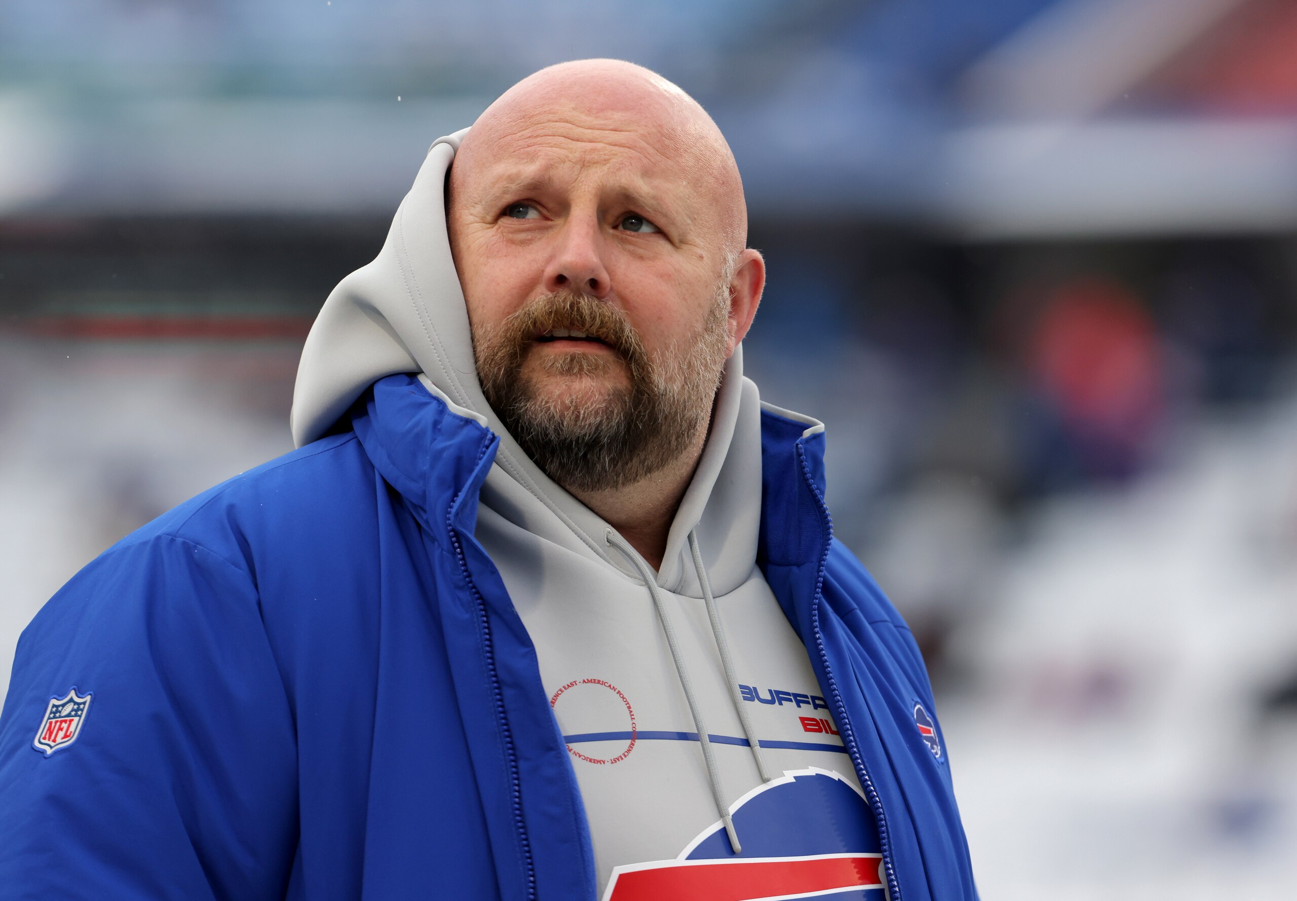 ORCHARD PARK, NY - JANUARY 02: Buffalo Bills offensive coordinator Brian Daboll before a game against the Atlanta Falcons at Highmark Stadium on January 2, 2022 in Orchard Park, New York. (Photo by Timothy T Ludwig/Getty Images)