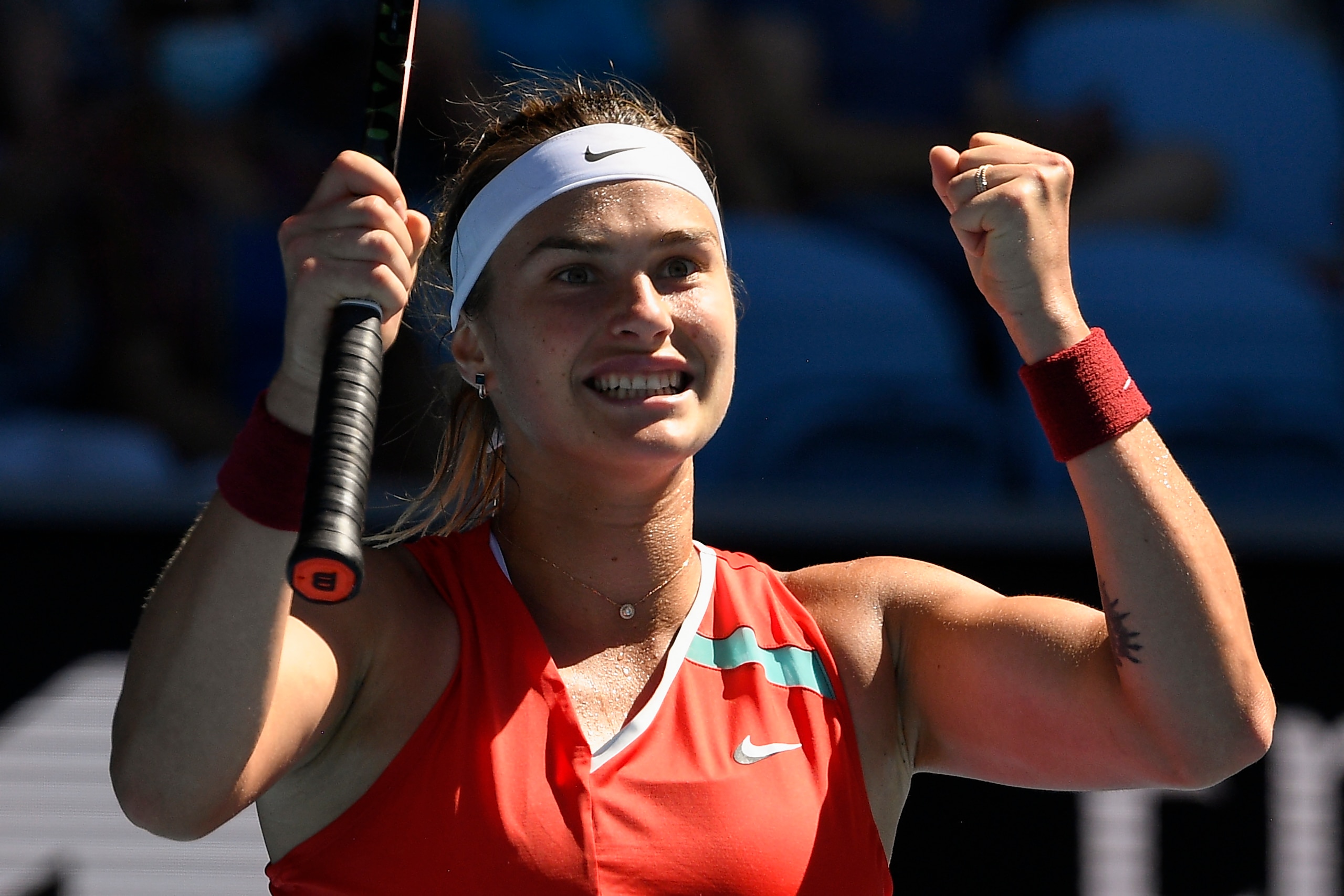 Aryna Sabalenka of Belarus celebrates after defeating Marketa Vondrousova of the Czech Republic in their third round match at the Australian Open tennis championships in Melbourne, Australia, Saturday, Jan. 22, 2022. (AP Photo/Andy Brownbill) Aryna Sabalenka of Belarus celebrates after defeating Marketa Vondrousova of the Czech Republic in their third round match at the Australian Open tennis championships in Melbourne, Australia, Saturday, Jan. 22, 2022. (AP Photo/Andy Brownbill)