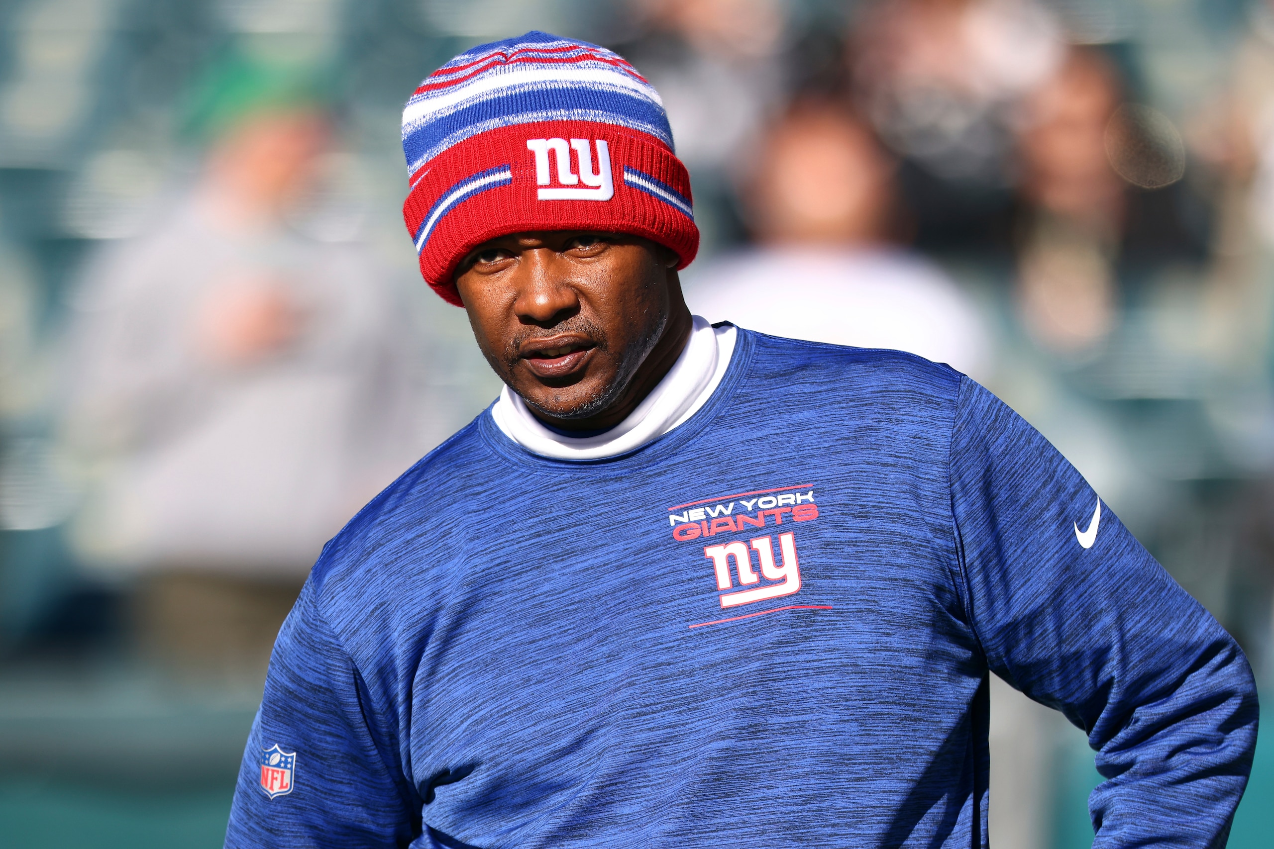 New York Giants defensive coordinator Patrick Graham looks on before an NFL football game against the Philadelphia Eagles, Sunday, Dec. 26, 2021, in Philadelphia. (AP Photo/Rich Schultz)