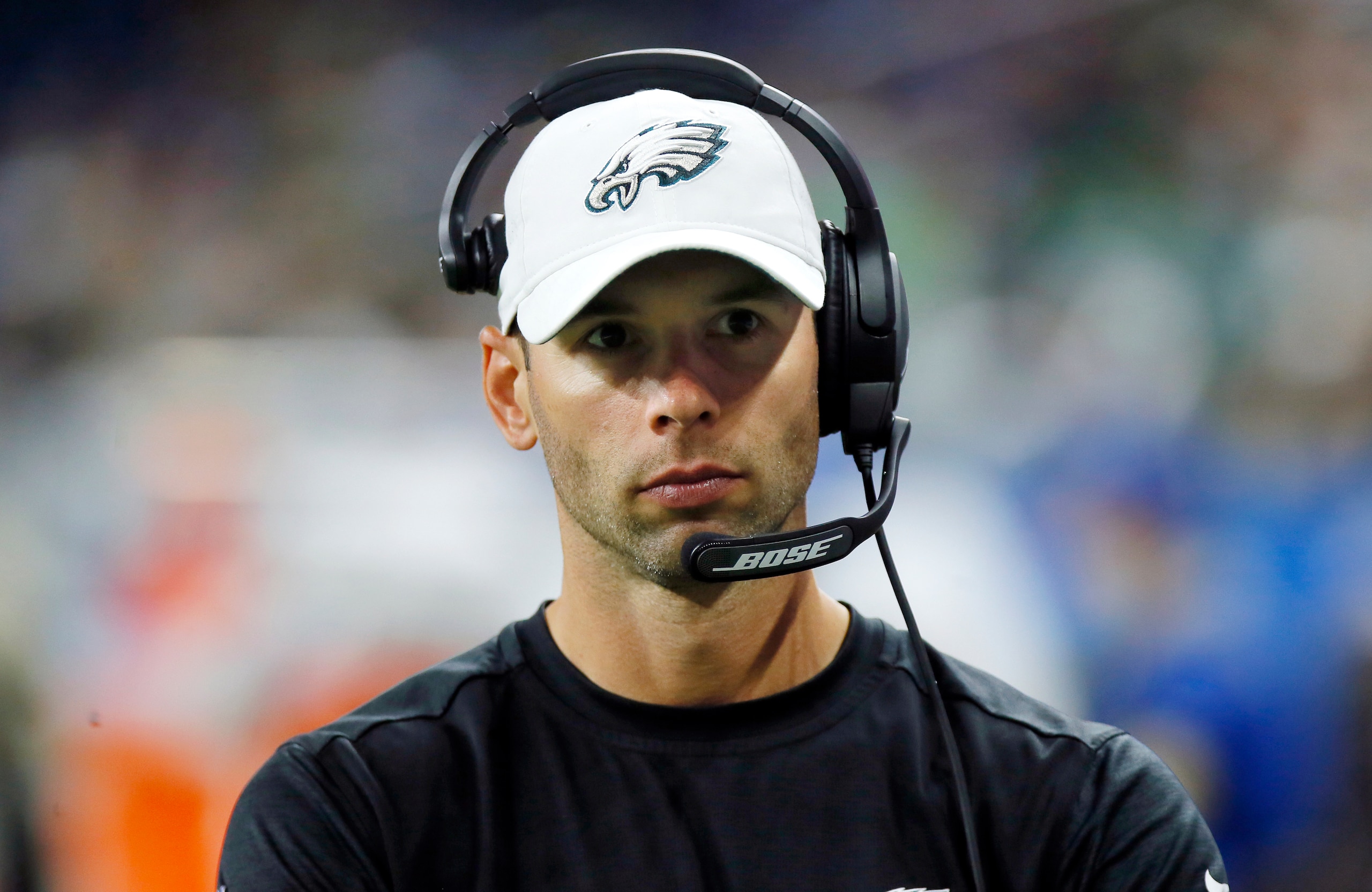 FILE - Philadelphia Eagles defensive coordinator Jonathan Gannon watches during the second half of an NFL football game against the Detroit Lions, on Oct. 31, 2021, in Detroit. Gannon is more focused on Tom Brady and the Buccaneers than interviewing for head coaching openings.   (AP Photo/Duane Burleson, File)