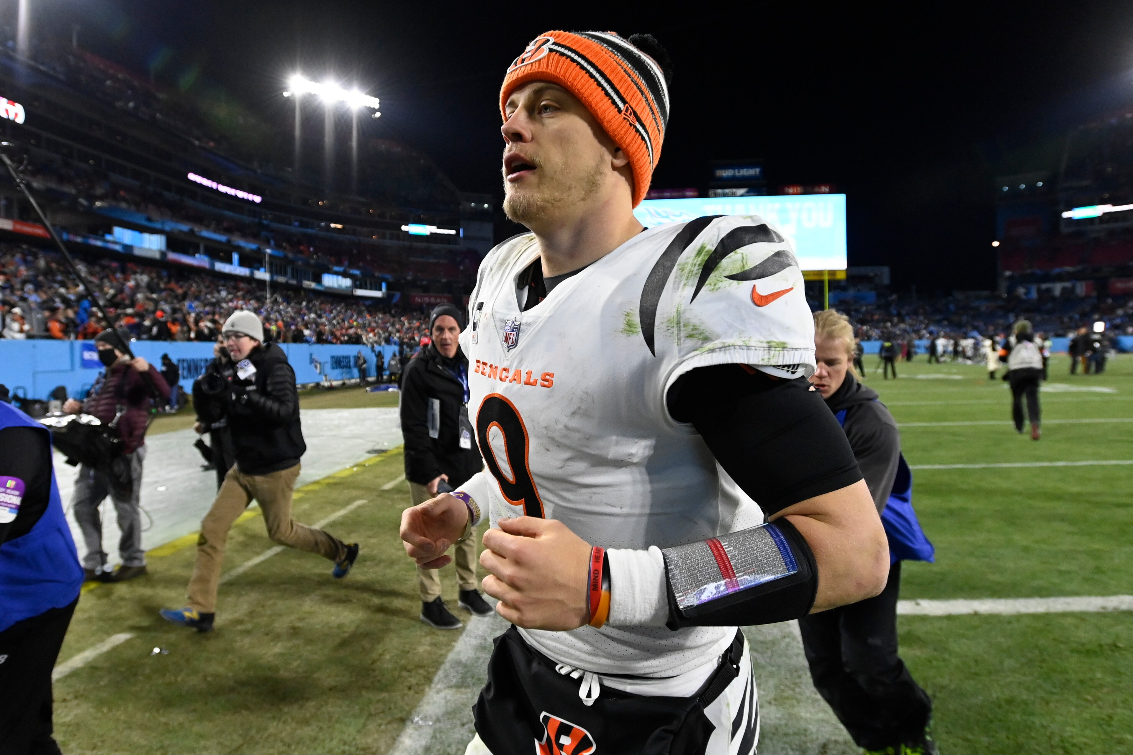 Cincinnati Bengals quarterback Joe Burrow leaves the field after an NFL divisional round playoff football game against the Tennessee Titans, Saturday, Jan. 22, 2022, in Nashville, Tenn. The Cincinnati Bengals won 19-16. (AP Photo/Mark Zaleski) Cincinnati Bengals quarterback Joe Burrow leaves the field after an NFL divisional round playoff football game against the Tennessee Titans, Saturday, Jan. 22, 2022, in Nashville, Tenn. The Cincinnati Bengals won 19-16. (AP Photo/Mark Zaleski)