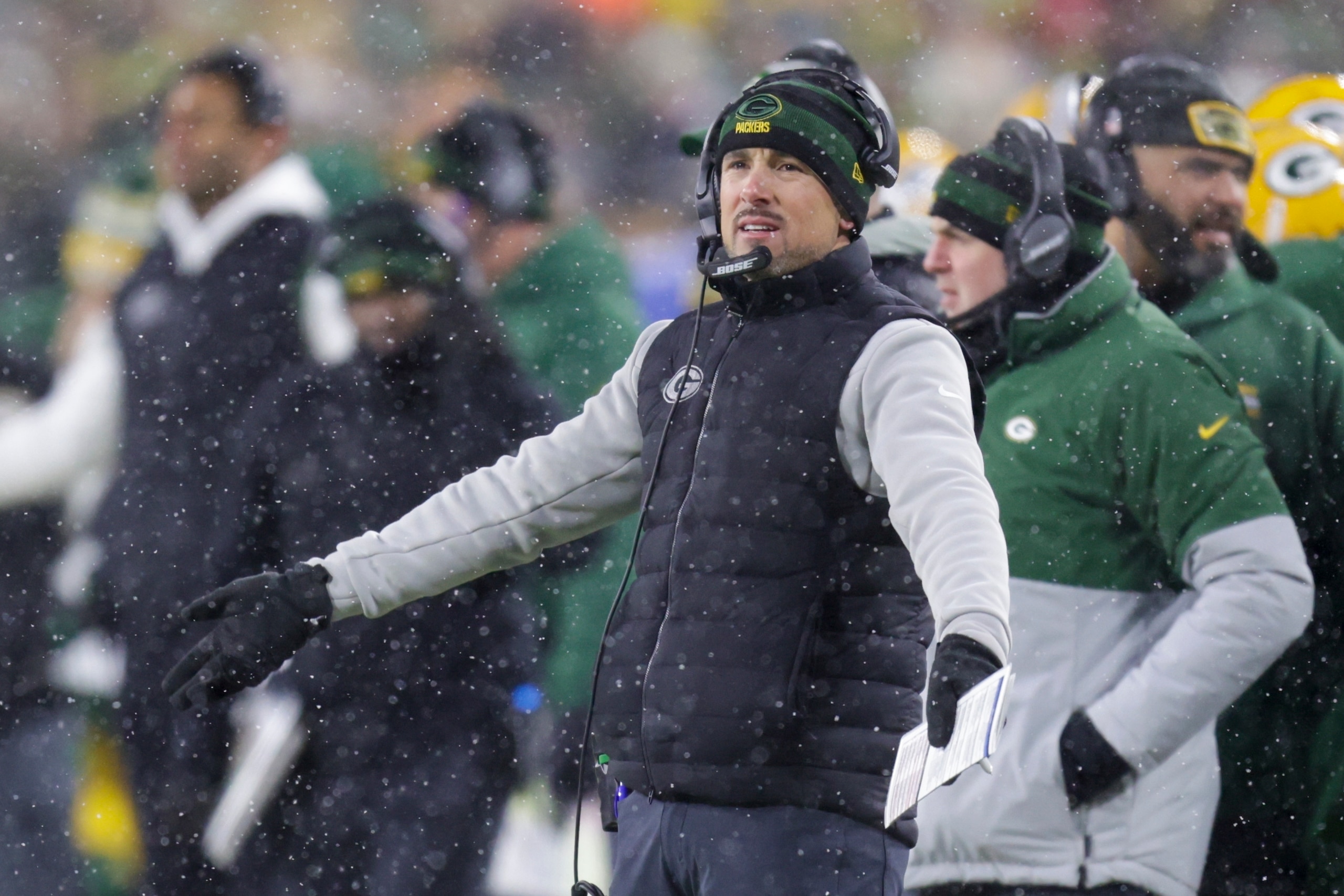 Green Bay Packers head coach Matt LaFleur tries to get the crowd going during the second half of an NFC divisional playoff NFL football game against the San Francisco 49ers Saturday, Jan. 22, 2022, in Green Bay, Wis. (AP Photo/Matt Ludtke)