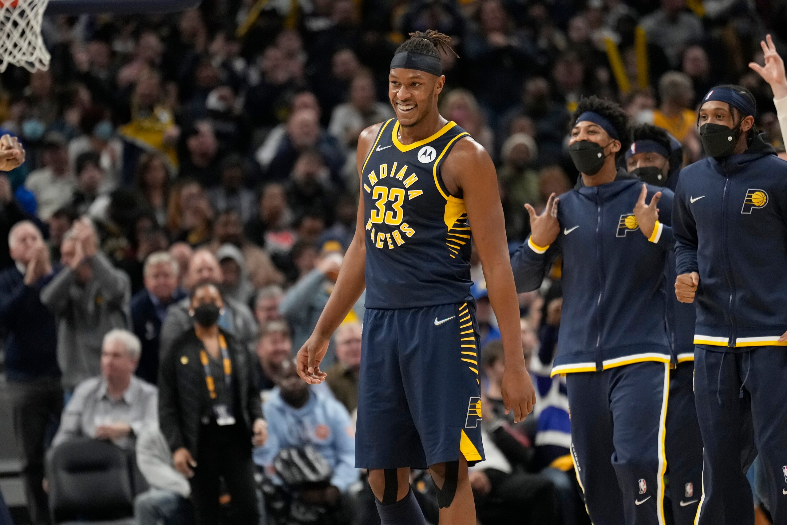 INDIANAPOLIS, IN - JANUARY 5: Myles Turner #33 of the Indiana Pacers reacts to a play during the game against the Brooklyn Nets on January 5, 2022 at Gainbridge Fieldhouse in Indianapolis, Indiana. NOTE TO USER: User expressly acknowledges and agrees that, by downloading and or using this Photograph, user is consenting to the terms and conditions of the Getty Images License Agreement. Mandatory Copyright Notice: Copyright 2022 NBAE (Photo by A.J. Mast/NBAE via Getty Images) INDIANAPOLIS, IN - JANUARY 5: Myles Turner #33 of the Indiana Pacers reacts to a play during the game against the Brooklyn Nets on January 5, 2022 at Gainbridge Fieldhouse in Indianapolis, Indiana. NOTE TO USER: User expressly acknowledges and agrees that, by downloading and or using this Photograph, user is consenting to the terms and conditions of the Getty Images License Agreement. Mandatory Copyright Notice: Copyright 2022 NBAE (Photo by A.J. Mast/NBAE via Getty Images)