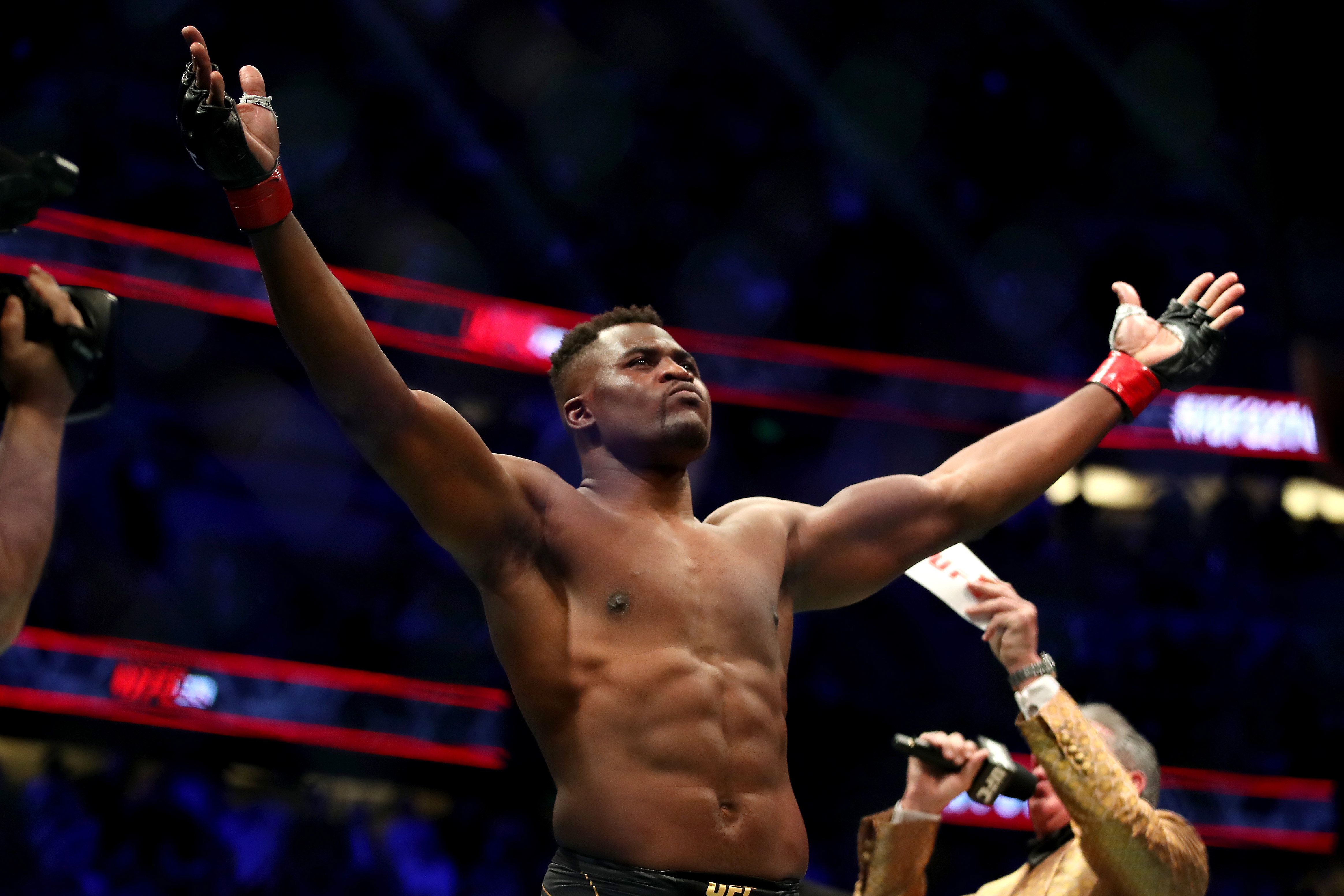 ANAHEIM, CALIFORNIA - JANUARY 22: Francis Ngannou of Cameroon looks on prior to the heavyweight title fight against Ciryl Gane of France during the UFC 270 event  at Honda Center on January 22, 2022 in Anaheim, California. (Photo by Katelyn Mulcahy/Getty Images)