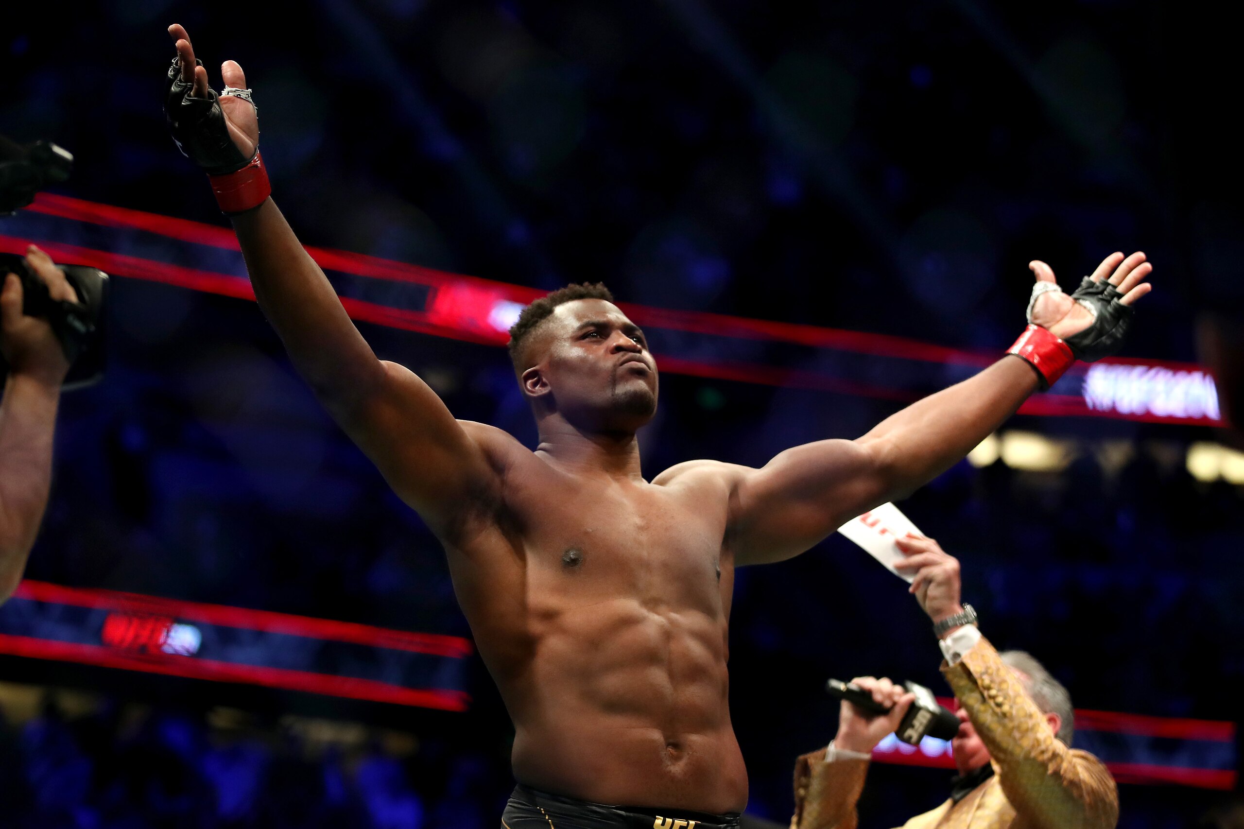 ANAHEIM, CALIFORNIA - JANUARY 22: Francis Ngannou of Cameroon looks on prior to the heavyweight title fight against Ciryl Gane of France during the UFC 270 event  at Honda Center on January 22, 2022 in Anaheim, California. (Photo by Katelyn Mulcahy/Getty Images)