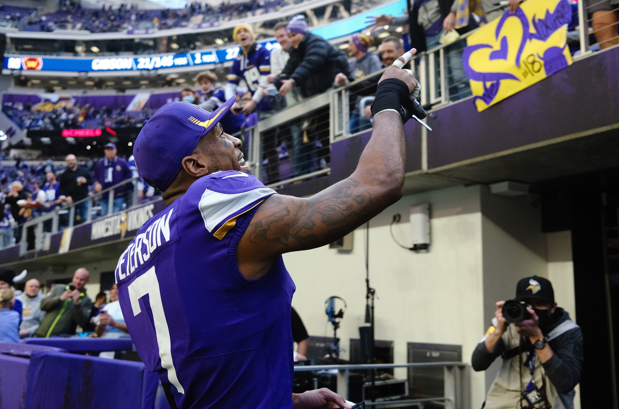 MINNEAPOLIS, MINNESOTA - JANUARY 09: Patrick Peterson #7 of the Minnesota Vikings points to fans in the stands fan as he walks off the field after a 31-17 win over the Chicago Bears at U.S. Bank Stadium on January 09, 2022 in Minneapolis, Minnesota. (Photo by Stephen Maturen/Getty Images)