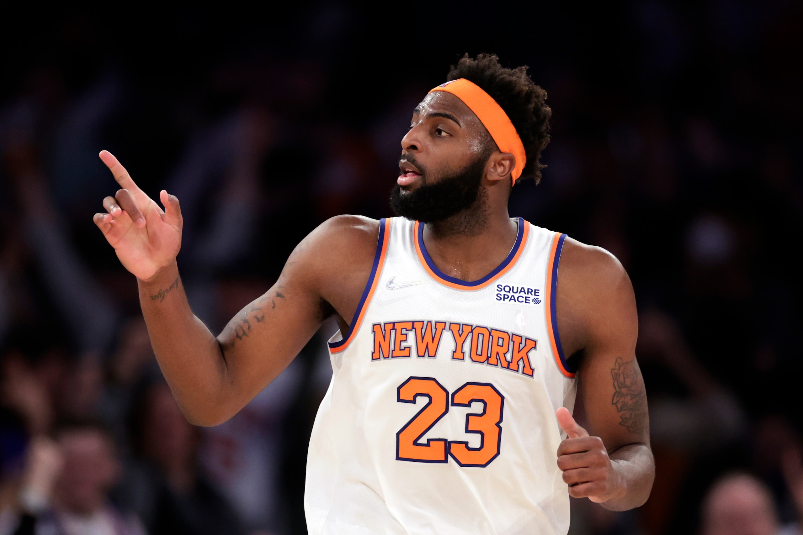 New York Knicks center Mitchell Robinson (23) reacts against the Boston Celtics during the second half of an NBA basketball game Thursday, Jan. 6, 2022, in New York. The Knicks won 108-105. (AP Photo/Adam Hunger)