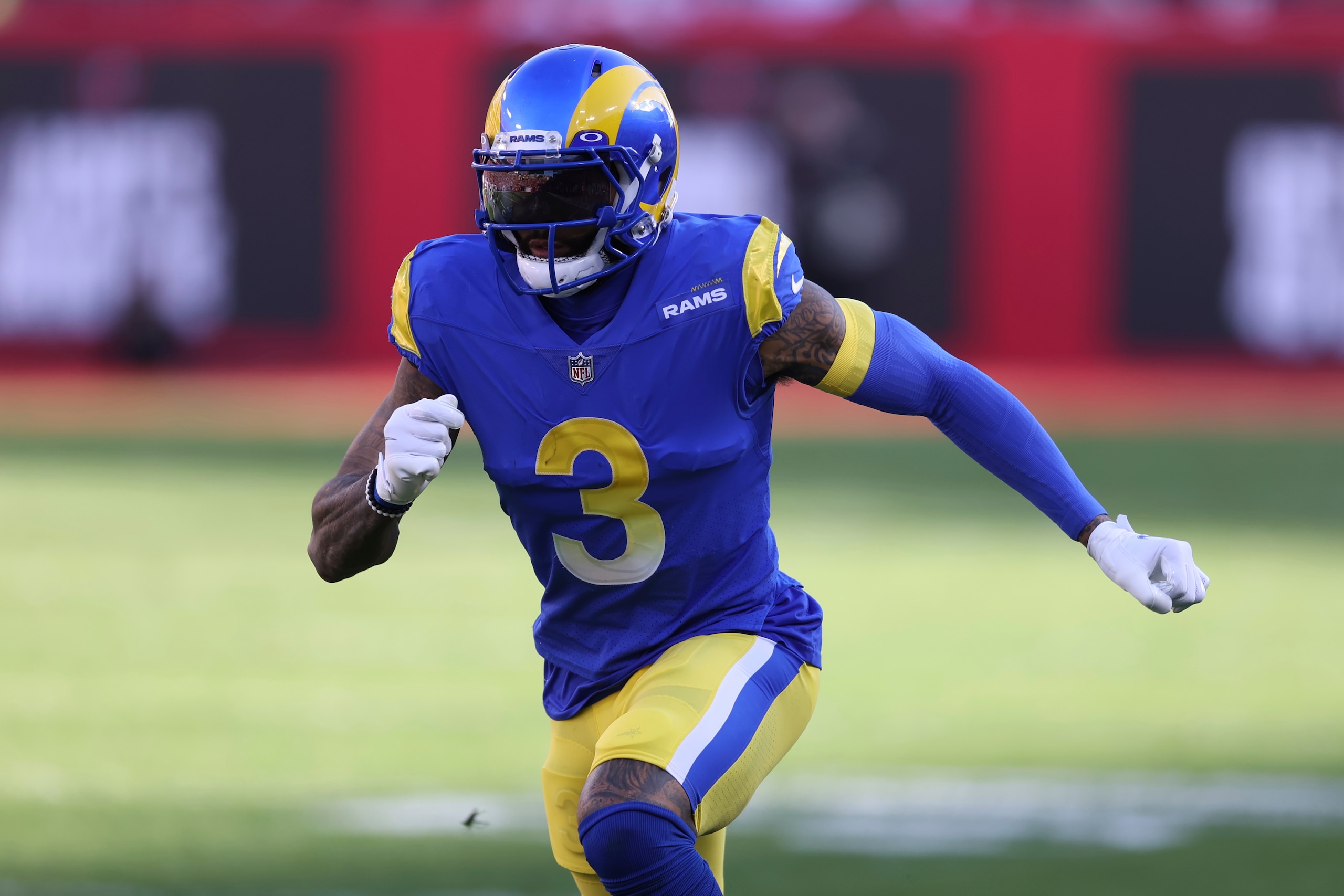 Los Angeles Rams wide receiver Odell Beckham Jr. (3) runs a route against the Tampa Bay Buccaneers during the first half of an NFL divisional round playoff football game Sunday, Jan. 23, 2022, in Tampa, Fla. (AP Photo/Mark LoMoglio)