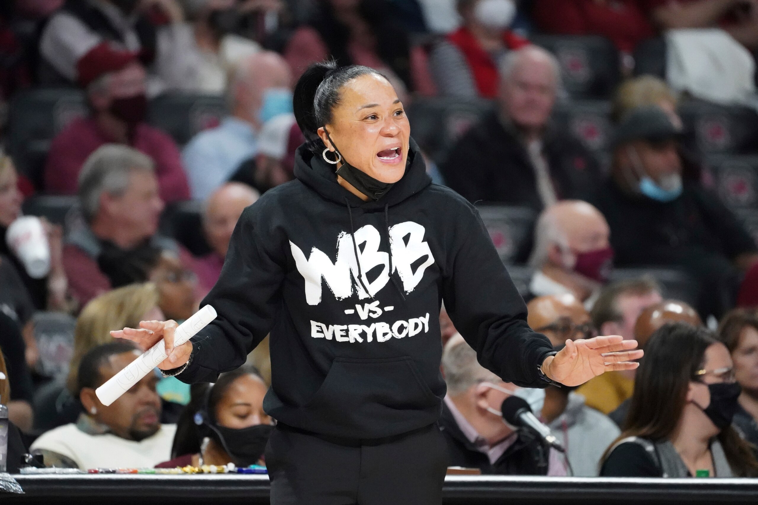 South Carolina head coach Dawn Staley communicates with players during the second half of an NCAA college basketball game against Kentucky Sunday, Jan. 9, 2022, in Columbia, S.C. South Carolina won 74-54. (AP Photo/Sean Rayford)