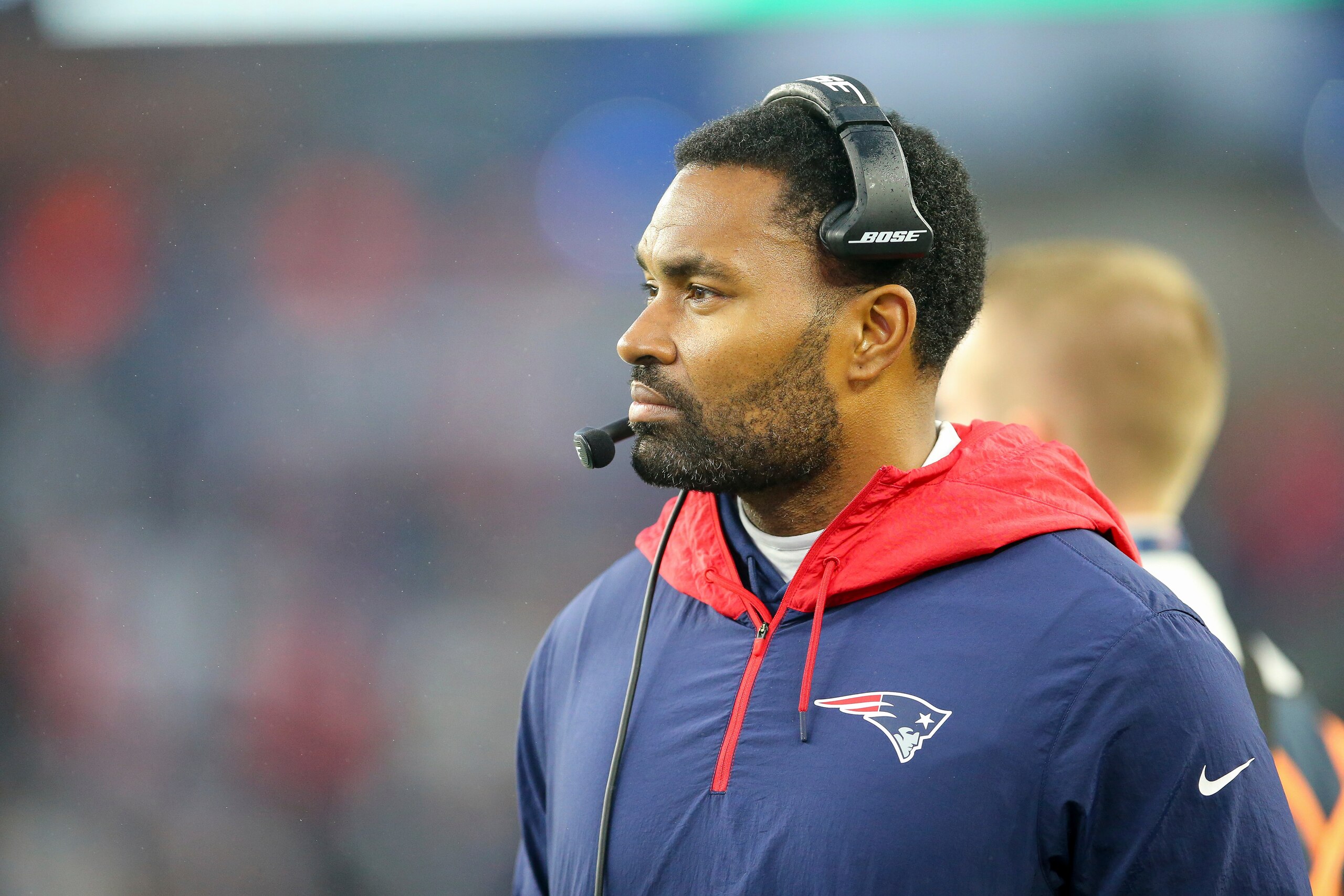 New England Patriots inside linebacker coach Jerod Mayo watches from the sideline during the second half of an NFL football game against the Jacksonville Jaguars, Sunday, Jan. 2, 2022, in Foxborough, Mass. (AP Photo/Stew Milne)