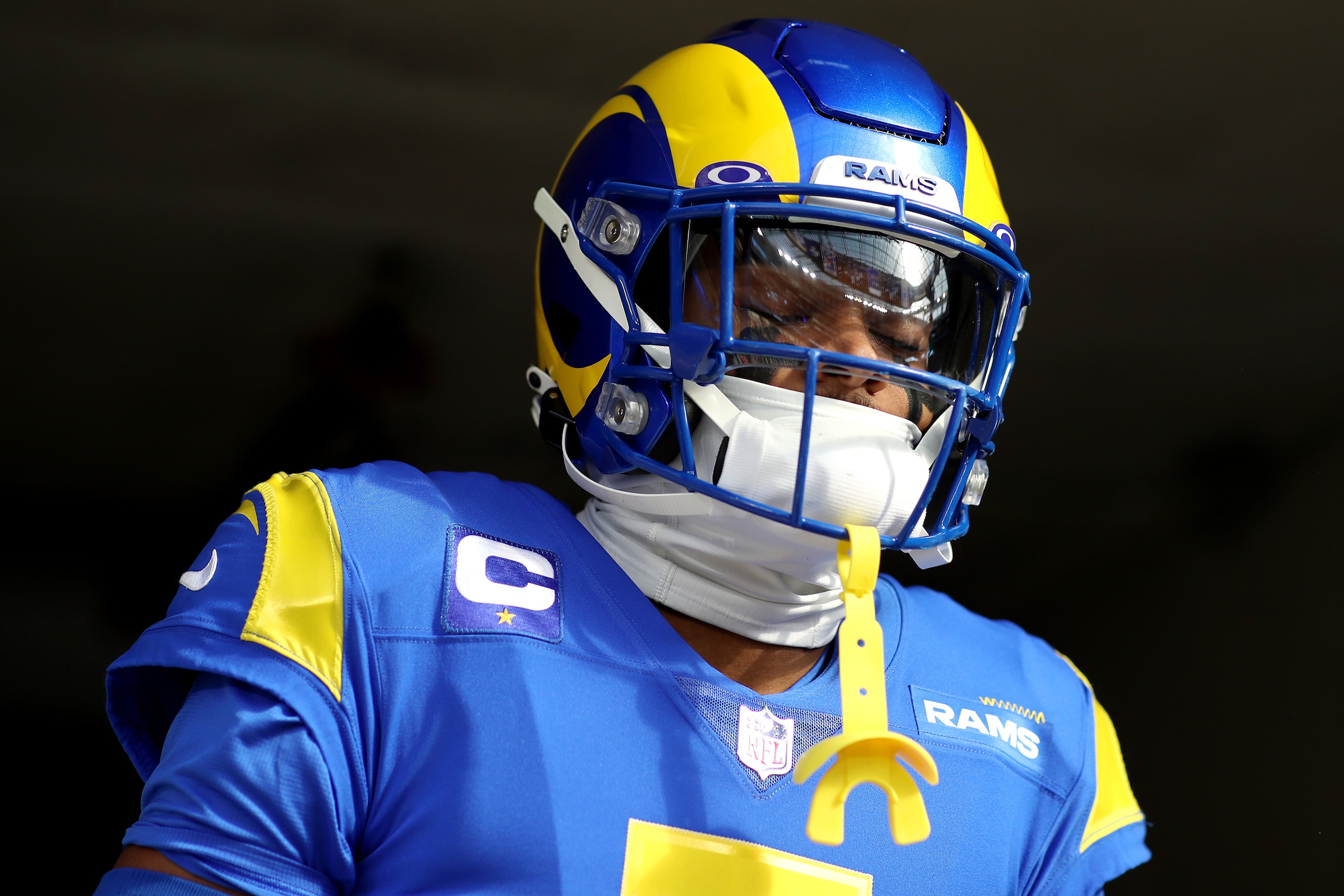 INGLEWOOD, CALIFORNIA - JANUARY 09: Jalen Ramsey #5 of the Los Angeles Rams closes his eyes prior to the game against the San Francisco 49ers at SoFi Stadium on January 09, 2022 in Inglewood, California. (Photo by Katelyn Mulcahy/Getty Images)