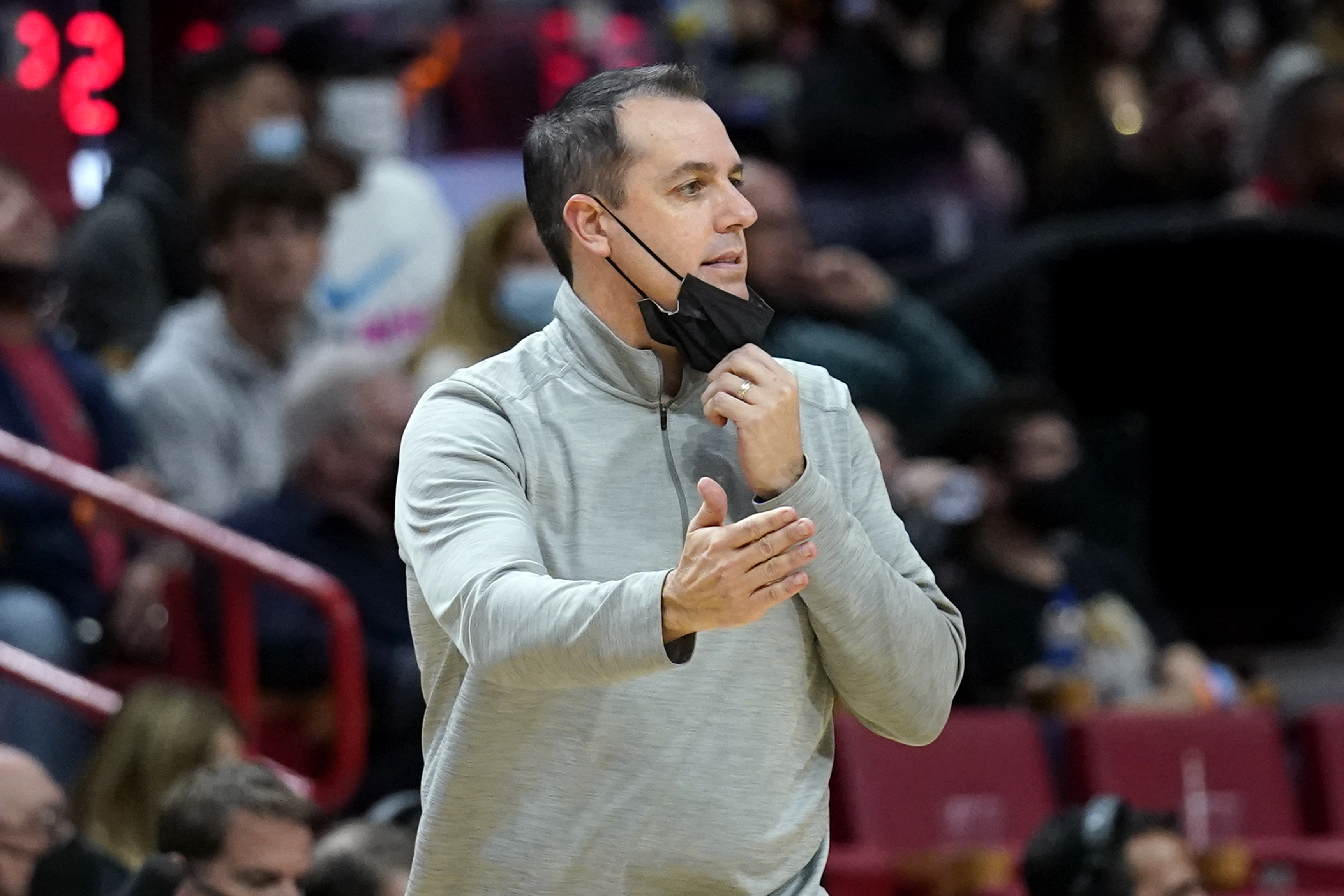 Los Angeles Lakers head coach Frank Vogel watches during the second half of an NBA basketball game against the Miami Heat, Sunday, Jan. 23, 2022, in Miami. (AP Photo/Lynne Sladky)