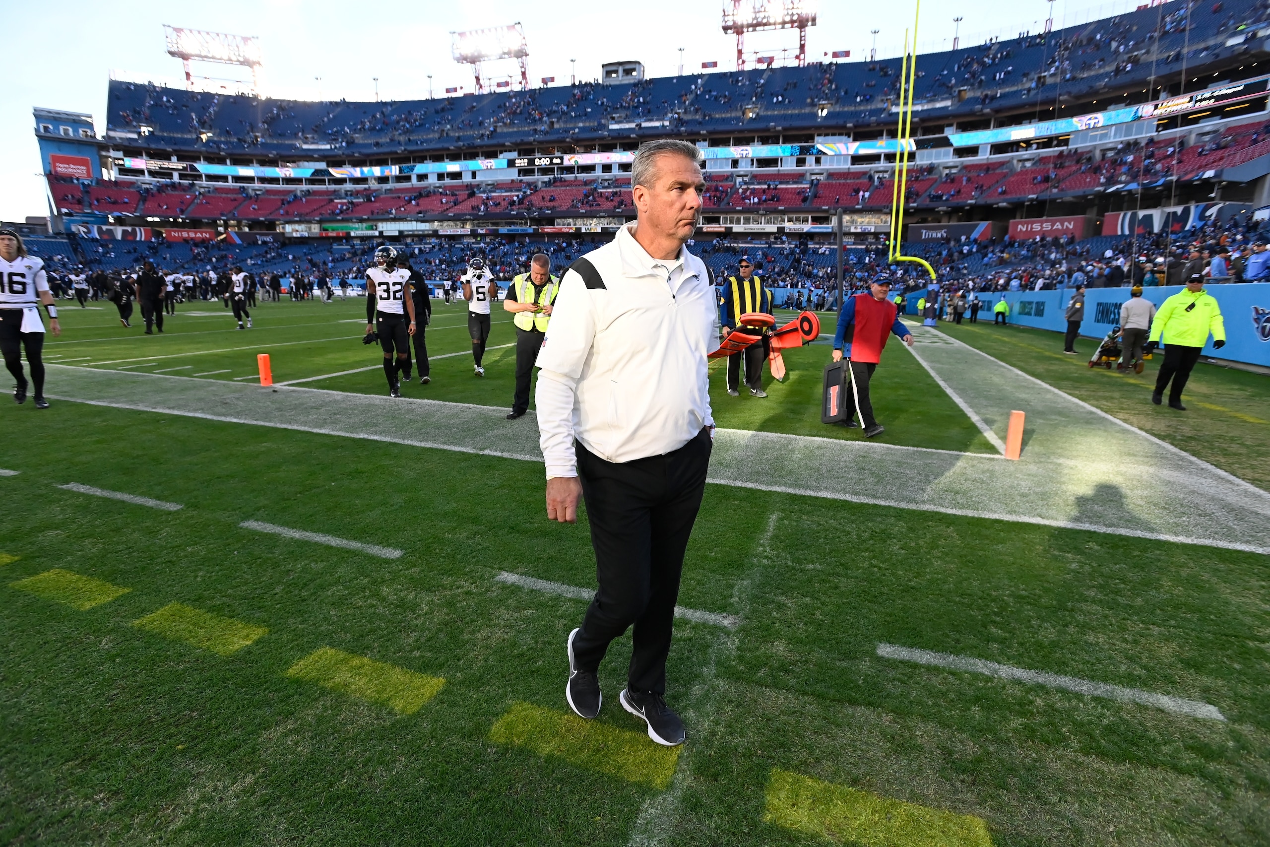 Jacksonville Jaguars head coach Urban Meyer walks off the field after an NFL football game against the Tennessee Titans , Sunday, Dec. 12, 2021, in Nashville, Tenn. The Tennessee Titans won 20-0. (AP Photo/Mark Zaleski)