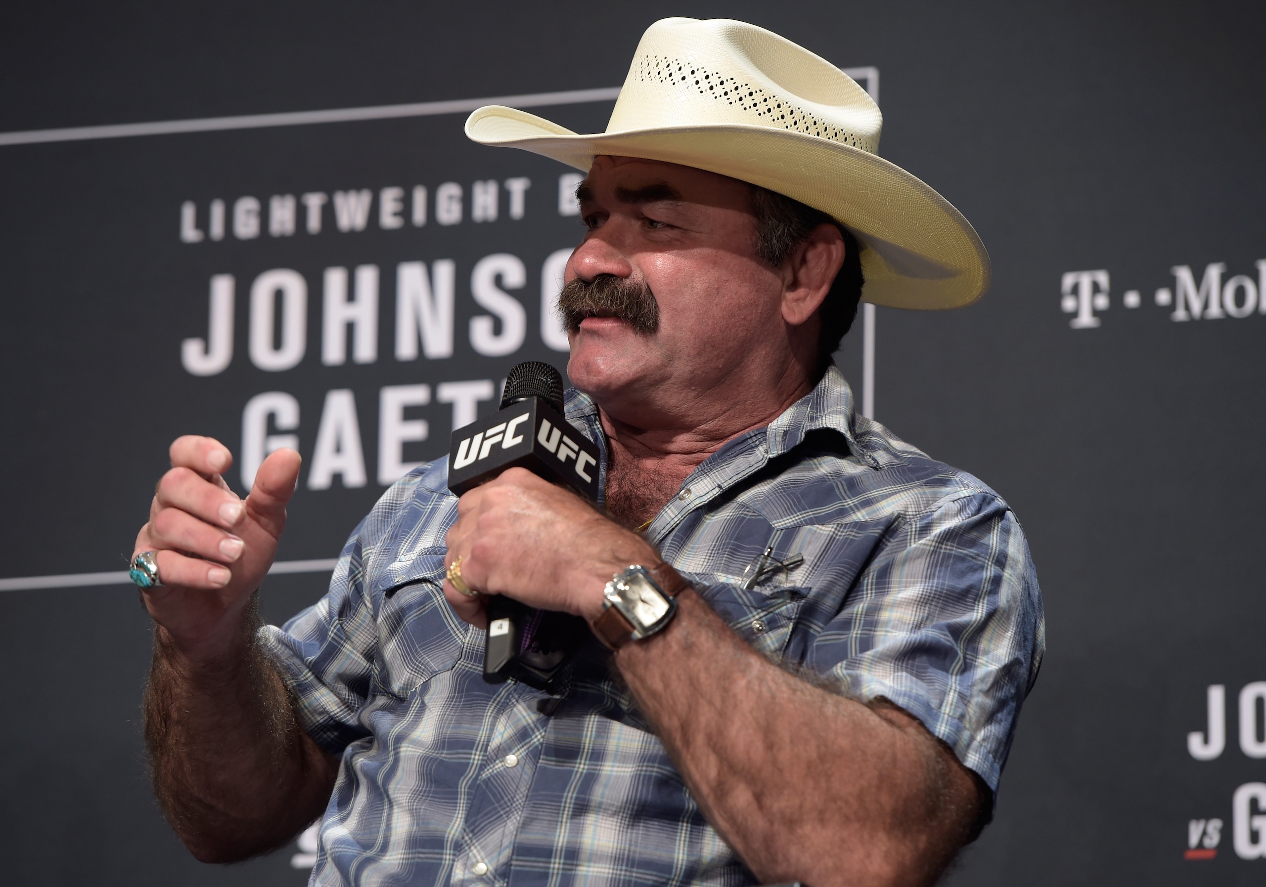 LAS VEGAS, NV - JULY 06: (L-R) Former heavyweight tournament champion Don Frye talks to Brian Stann during the UFC International Fight Week Legends Panel at the Park Theater on July 6, 2017 in Las Vegas, Nevada. (Photo by Brandon Magnus/Zuffa LLC/Zuffa LLC via Getty Images) LAS VEGAS, NV - JULY 06: (L-R) Former heavyweight tournament champion Don Frye talks to Brian Stann during the UFC International Fight Week Legends Panel at the Park Theater on July 6, 2017 in Las Vegas, Nevada. (Photo by Brandon Magnus/Zuffa LLC/Zuffa LLC via Getty Images)