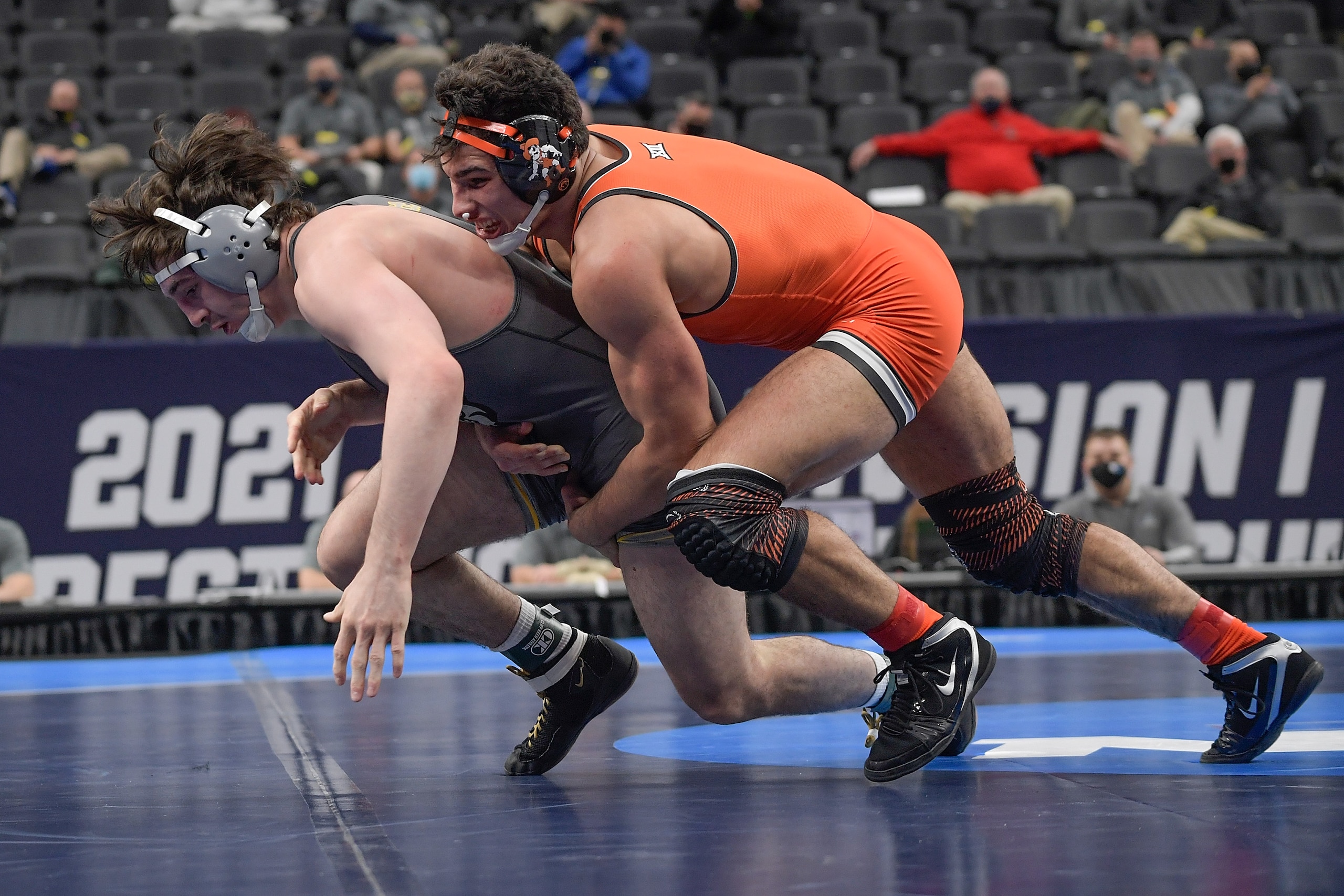 ST LOUIS, MO - MARCH 20: AJ Ferrari of the Oklahoma State Cowboys wrestles Nino Bonaccorsi of the Pittsburgh Panthers in the 197lb weight class during the Division I Mens Wrestling Championship held at the Enterprise Center on March 20, 2021 in St Louis, Missouri. (Photo by Scott Rovak/NCAA Photos via Getty Images)