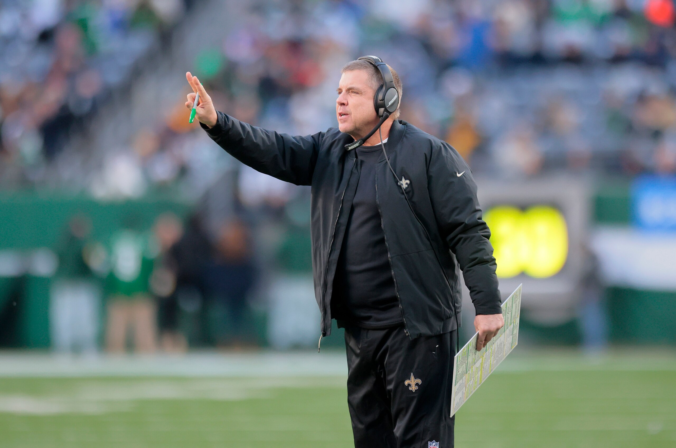 EAST RUTHERFORD, NEW JERSEY - DECEMBER 12: (NEW YORK DAILIES OUT)  Head coach Sean Payton of the New Orleans Saints in action against the New York Jets at MetLife Stadium on December 12, 2021 in East Rutherford, New Jersey. The Saints defeated the Giants 30-9. (Photo by Jim McIsaac/Getty Images)