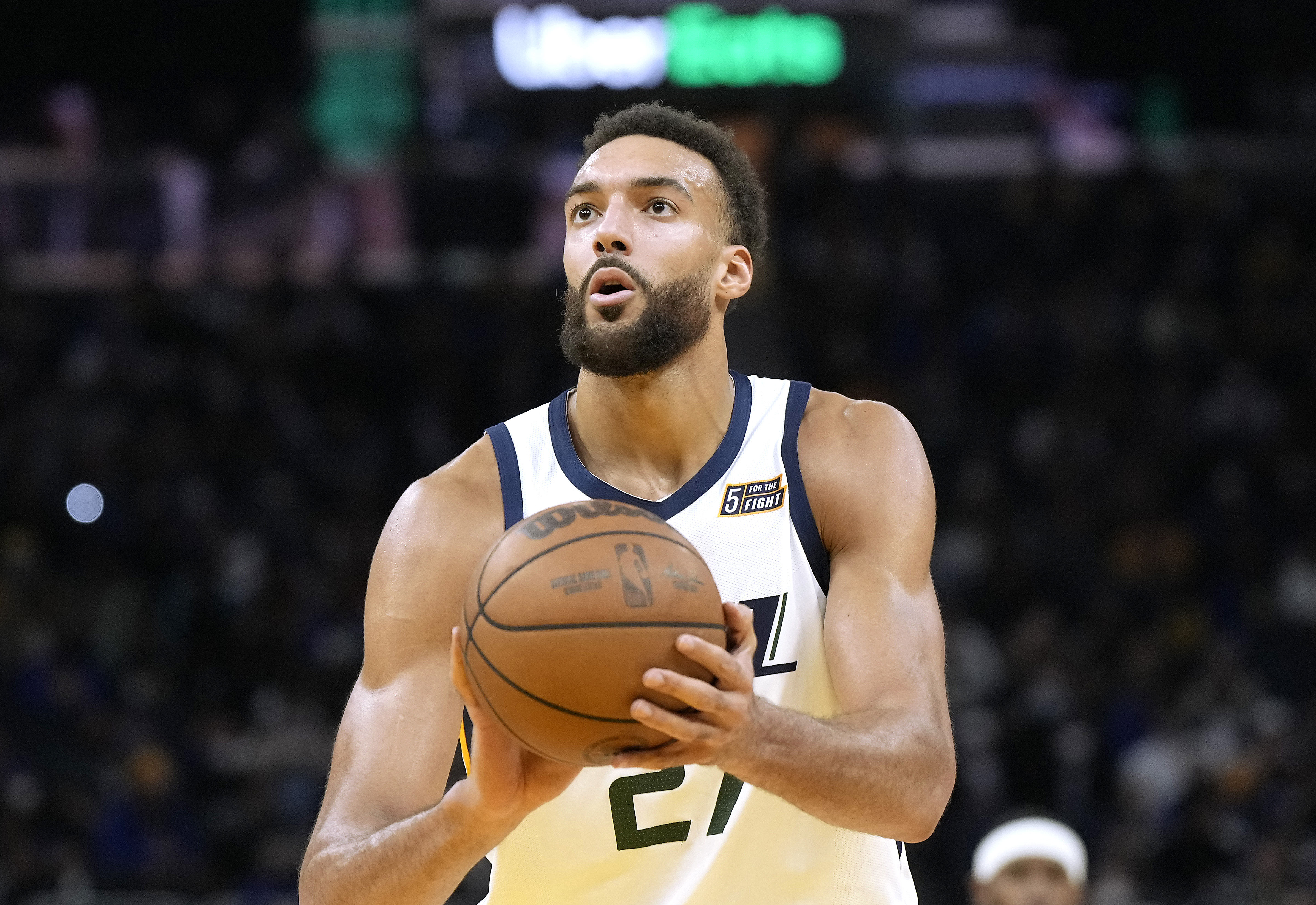 SAN FRANCISCO, CALIFORNIA - JANUARY 23: Rudy Gobert #27 of the Utah Jazz shoots a foul shot against the Golden State Warriors during the second half of an NBA basketball game at Chase Center on January 23, 2022 in San Francisco, California. NOTE TO USER: User expressly acknowledges and agrees that, by downloading and or using this photograph, User is consenting to the terms and conditions of the Getty Images License Agreement. (Photo by Thearon W. Henderson/Getty Images)