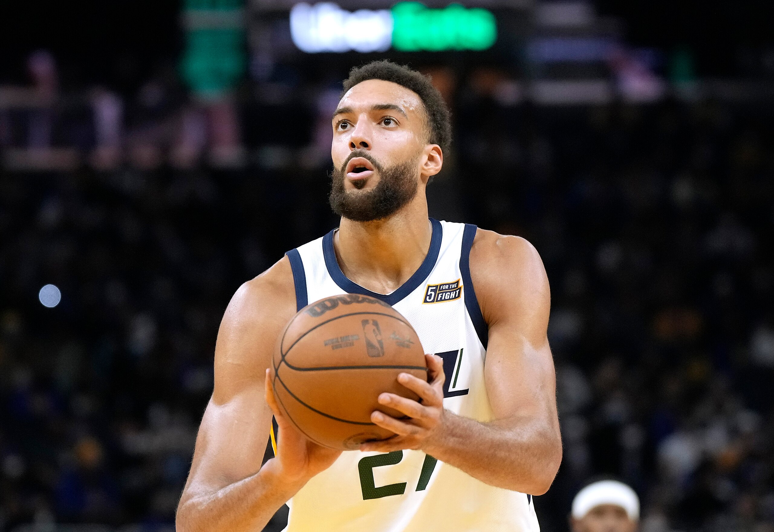 SAN FRANCISCO, CALIFORNIA - JANUARY 23: Rudy Gobert #27 of the Utah Jazz shoots a foul shot against the Golden State Warriors during the second half of an NBA basketball game at Chase Center on January 23, 2022 in San Francisco, California. NOTE TO USER: User expressly acknowledges and agrees that, by downloading and or using this photograph, User is consenting to the terms and conditions of the Getty Images License Agreement. (Photo by Thearon W. Henderson/Getty Images)