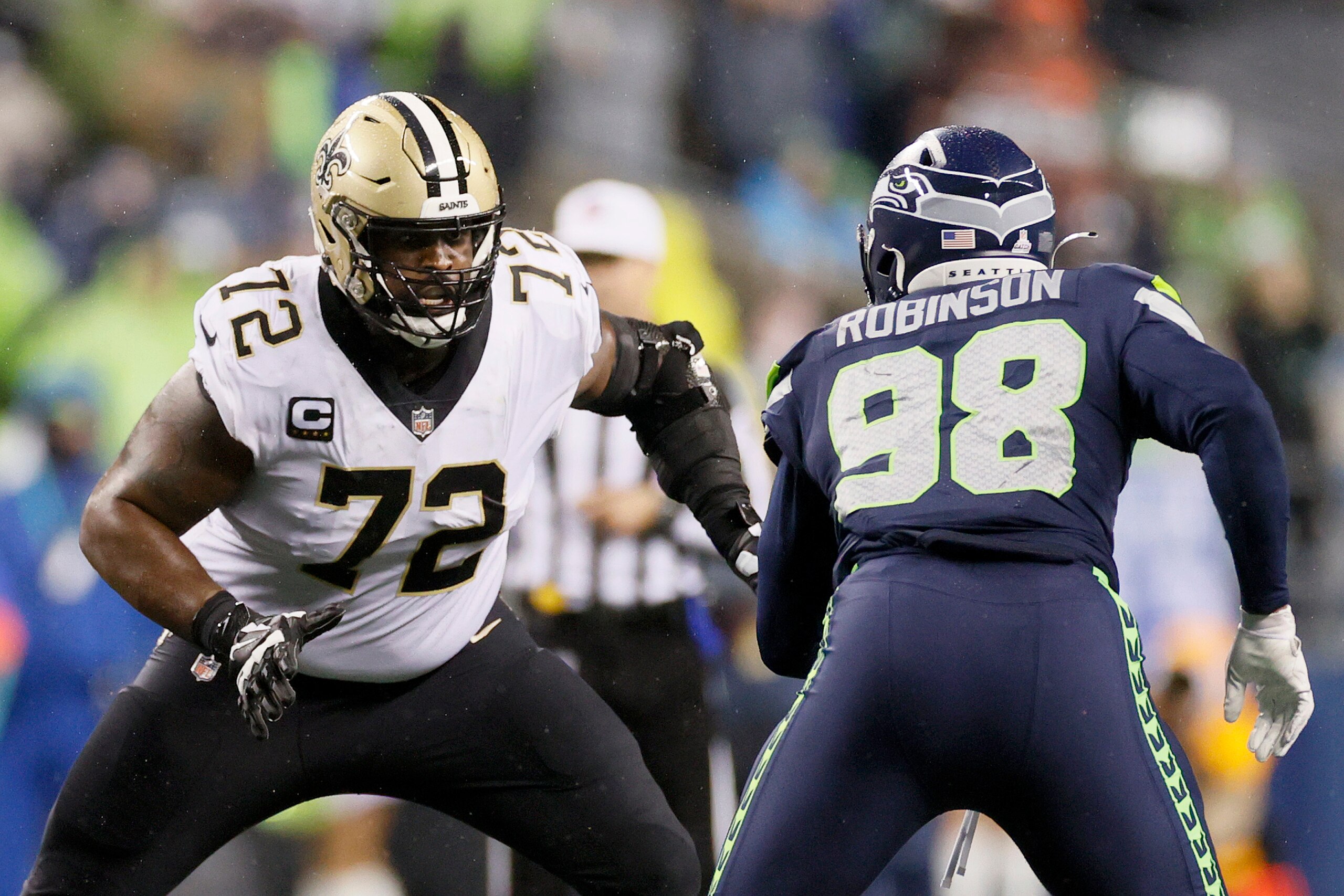 SEATTLE, WASHINGTON - OCTOBER 25: Terron Armstead #72 of the New Orleans Saints in action against the Seattle Seahawks during the fourth quarter at Lumen Field on October 25, 2021 in Seattle, Washington. (Photo by Steph Chambers/Getty Images)
