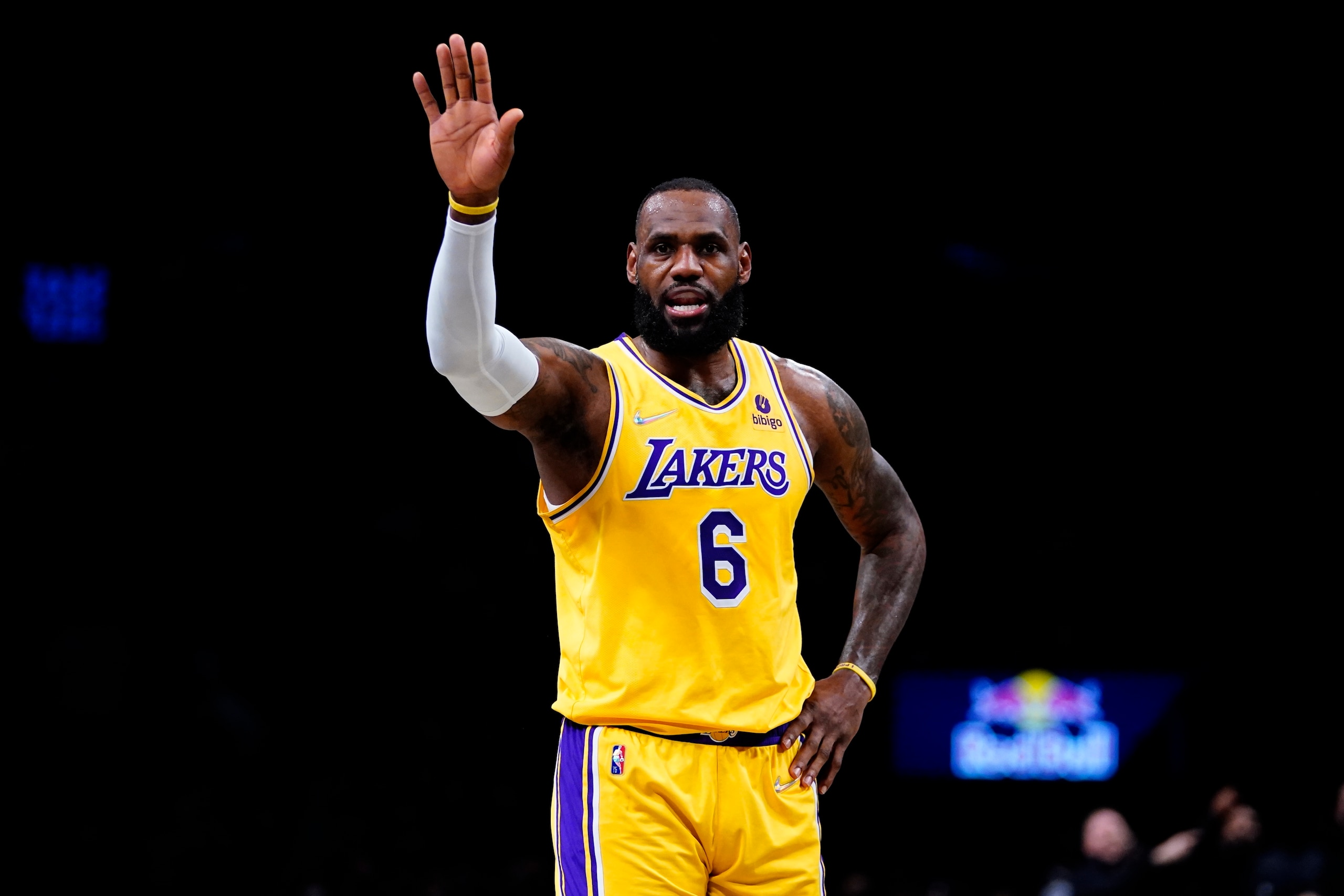 Los Angeles Lakers' LeBron James (6) calls out to a teammate during the first half of an NBA basketball game against the Brooklyn Nets Tuesday, Jan. 25, 2022 in New York. (AP Photo/Frank Franklin II)