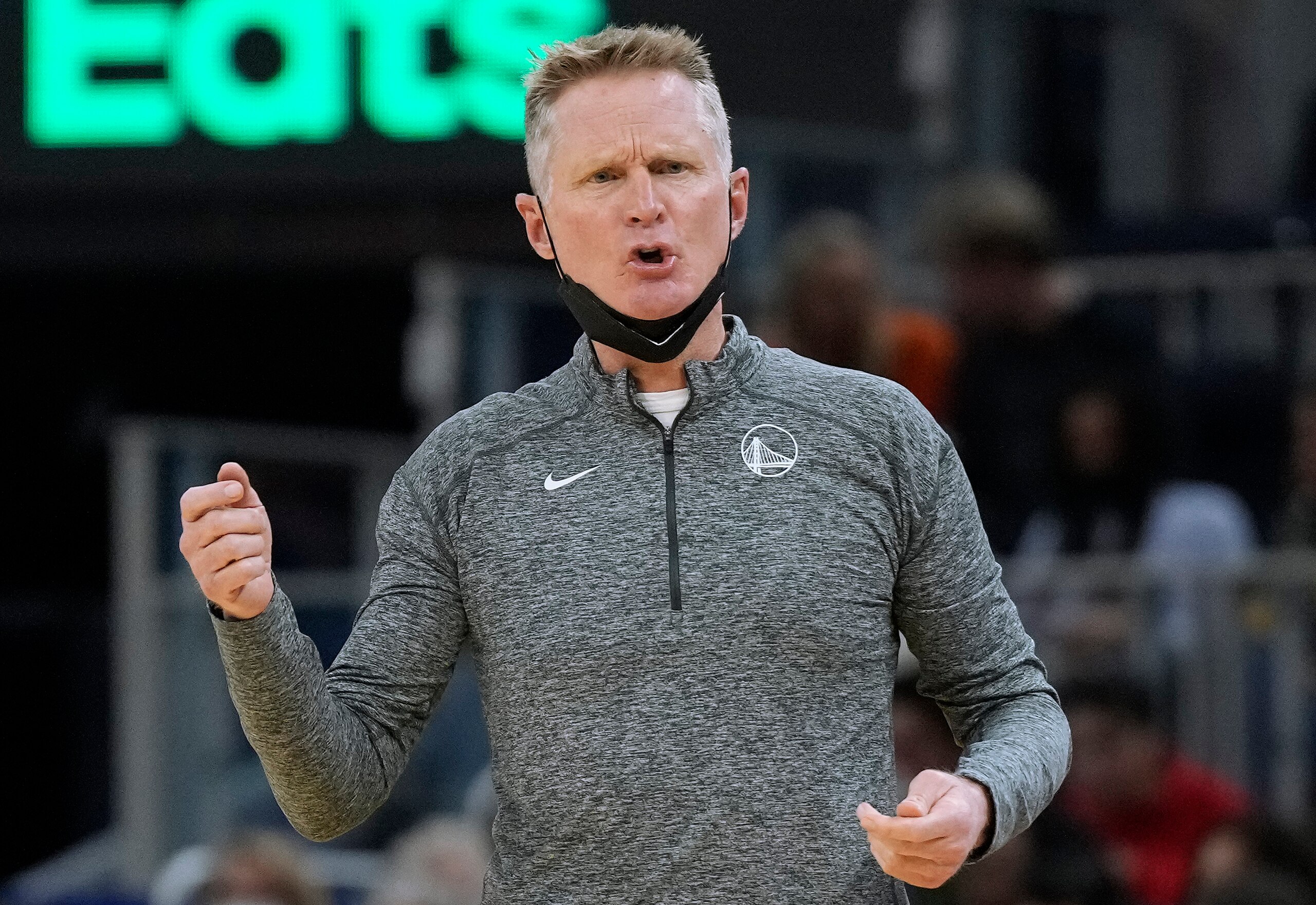 SAN FRANCISCO, CALIFORNIA - JANUARY 23: Head coach Steve Kerr of the Golden State Warriors reacts to the officials call during an NBA basketball game against the Utah Jazz at Chase Center on January 23, 2022 in San Francisco, California. NOTE TO USER: User expressly acknowledges and agrees that, by downloading and or using this photograph, User is consenting to the terms and conditions of the Getty Images License Agreement. (Photo by Thearon W. Henderson/Getty Images) SAN FRANCISCO, CALIFORNIA - JANUARY 23: Head coach Steve Kerr of the Golden State Warriors reacts to the officials call during an NBA basketball game against the Utah Jazz at Chase Center on January 23, 2022 in San Francisco, California. NOTE TO USER: User expressly acknowledges and agrees that, by downloading and or using this photograph, User is consenting to the terms and conditions of the Getty Images License Agreement. (Photo by Thearon W. Henderson/Getty Images)