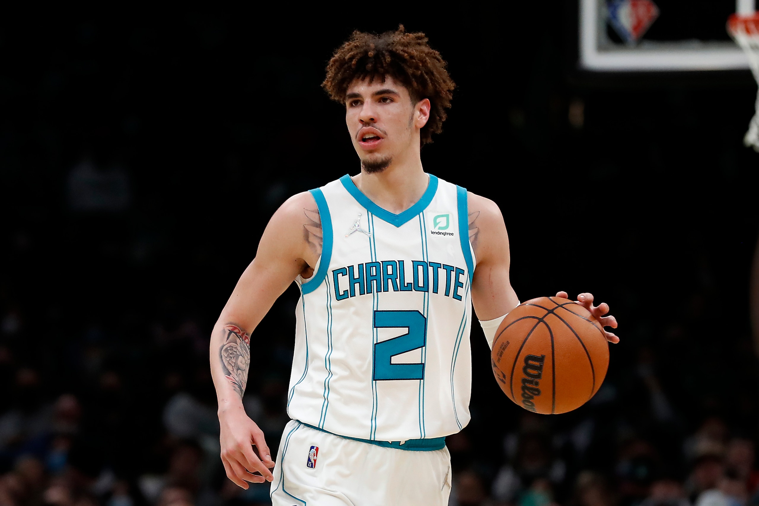 Charlotte Hornets' LaMelo Ball during the second half of an NBA basketball game against the Boston Celtics Wednesday, Jan. 19, 2022, in Boston. (AP Photo/Winslow Townson)