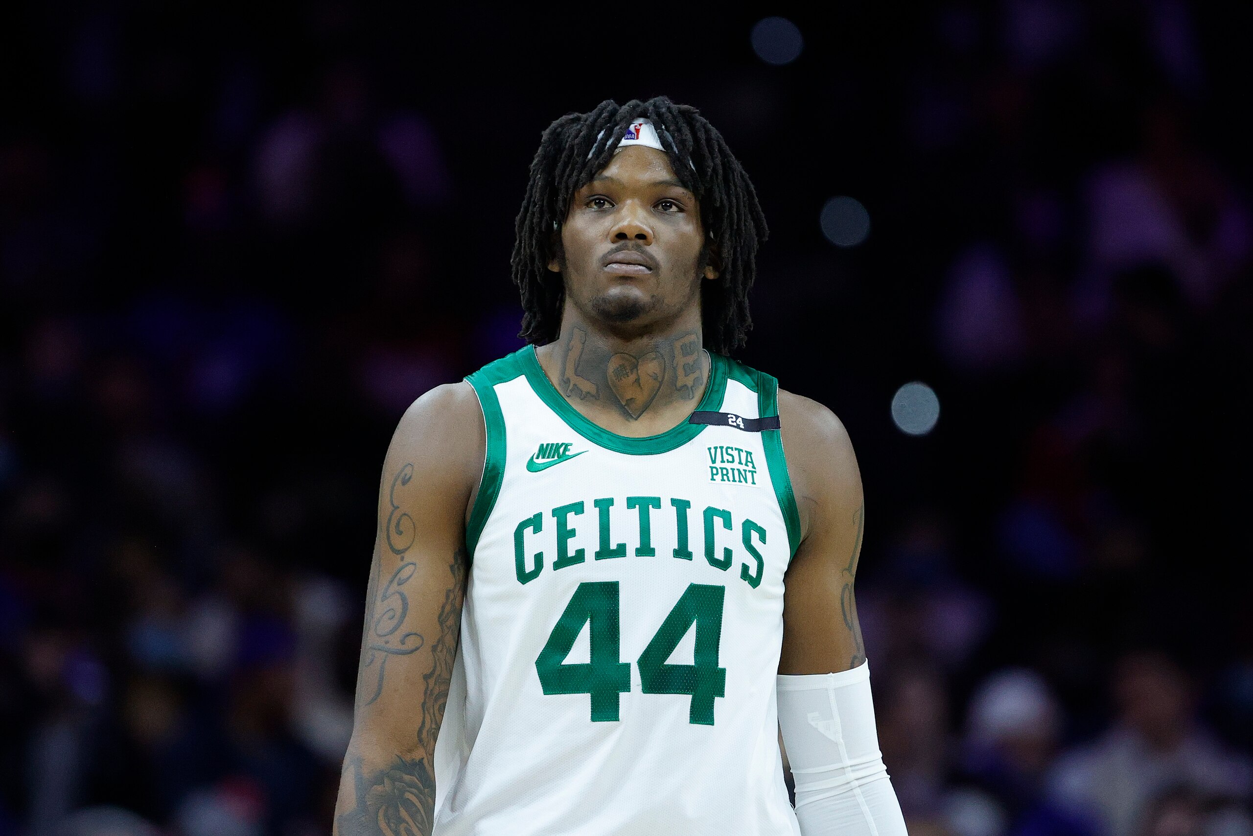 PHILADELPHIA, PENNSYLVANIA - JANUARY 14: Robert Williams III #44 of the Boston Celtics looks on during the first quarter against the Philadelphia 76ers at Wells Fargo Center on January 14, 2022 in Philadelphia, Pennsylvania. NOTE TO USER: User expressly acknowledges and agrees that, by downloading and or using this photograph, User is consenting to the terms and conditions of the Getty Images License Agreement. (Photo by Tim Nwachukwu/Getty Images) PHILADELPHIA, PENNSYLVANIA - JANUARY 14: Robert Williams III #44 of the Boston Celtics looks on during the first quarter against the Philadelphia 76ers at Wells Fargo Center on January 14, 2022 in Philadelphia, Pennsylvania. NOTE TO USER: User expressly acknowledges and agrees that, by downloading and or using this photograph, User is consenting to the terms and conditions of the Getty Images License Agreement. (Photo by Tim Nwachukwu/Getty Images)