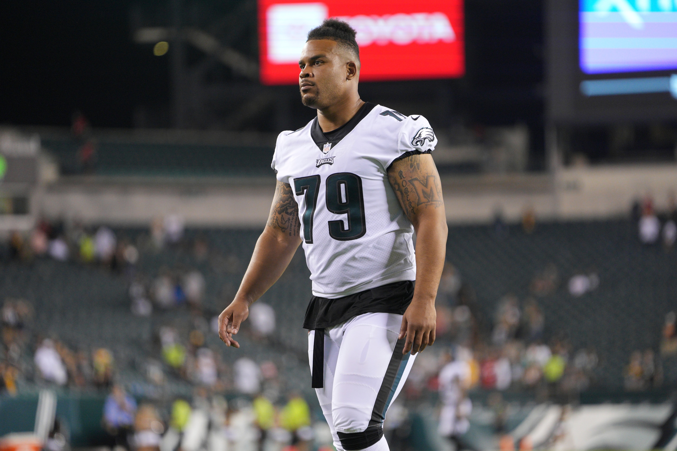 PHILADELPHIA, PA - AUGUST 12: Philadelphia Eagles offensive guard Brandon Brooks (79) looks on during the preseason game between the Philadelphia Eagles and the Pittsburgh Steelers on August 12, 2021 at Lincoln Financial Field in Philadelphia, PA. (Photo by Andy Lewis/Icon Sportswire via Getty Images)