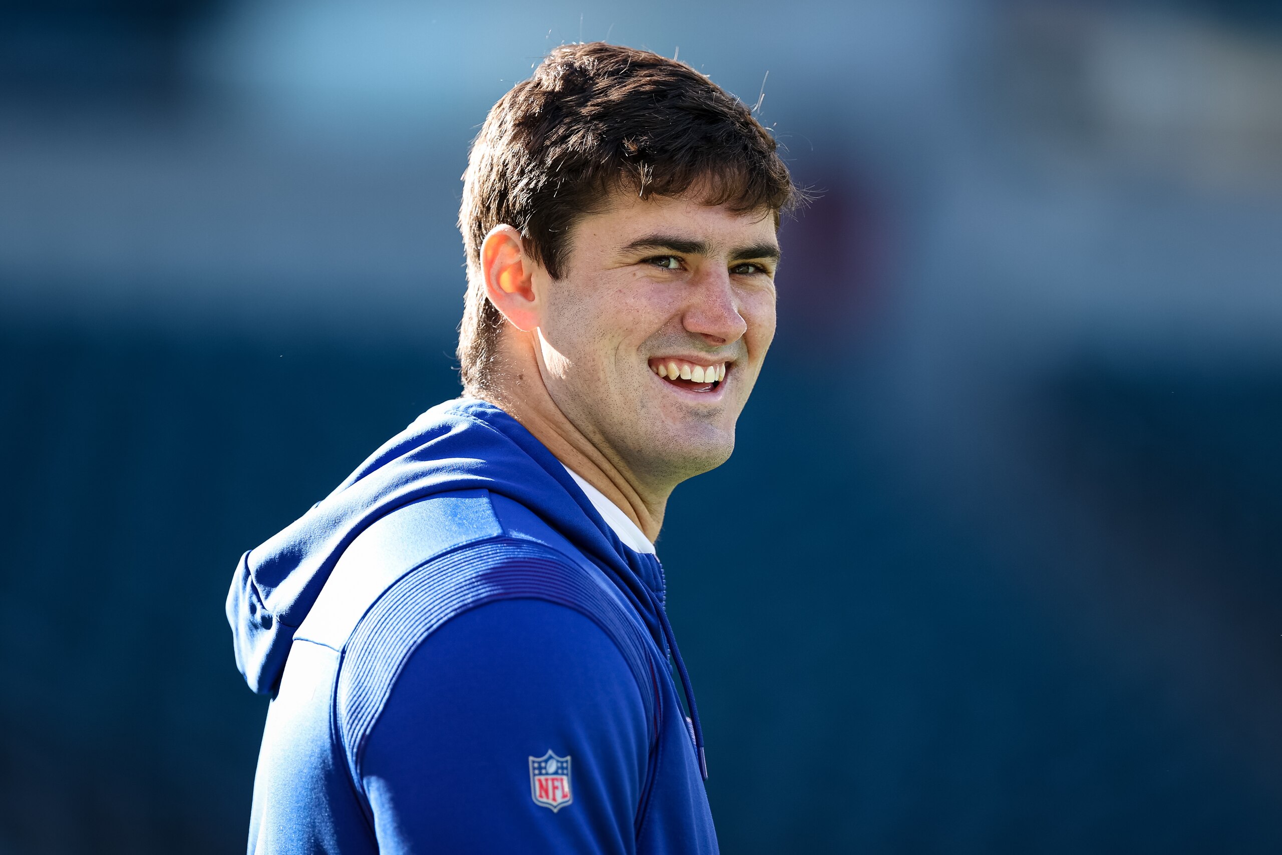 PHILADELPHIA, PA - DECEMBER 26: Daniel Jones #8 of the New York Giants looks on before the game against the Philadelphia Eagles at Lincoln Financial Field on December 26, 2021 in Philadelphia, Pennsylvania. (Photo by Scott Taetsch/Getty Images) No licensing by any casino, sportsbook, and/or fantasy sports organization for any purpose. During game play, no use of images within play-by-play, statistical account or depiction of a game (e.g., limited to use of fewer than 10 images during the game). PHILADELPHIA, PA - DECEMBER 26: Daniel Jones #8 of the New York Giants looks on before the game against the Philadelphia Eagles at Lincoln Financial Field on December 26, 2021 in Philadelphia, Pennsylvania. (Photo by Scott Taetsch/Getty Images) No licensing by any casino, sportsbook, and/or fantasy sports organization for any purpose. During game play, no use of images within play-by-play, statistical account or depiction of a game (e.g., limited to use of fewer than 10 images during the game).