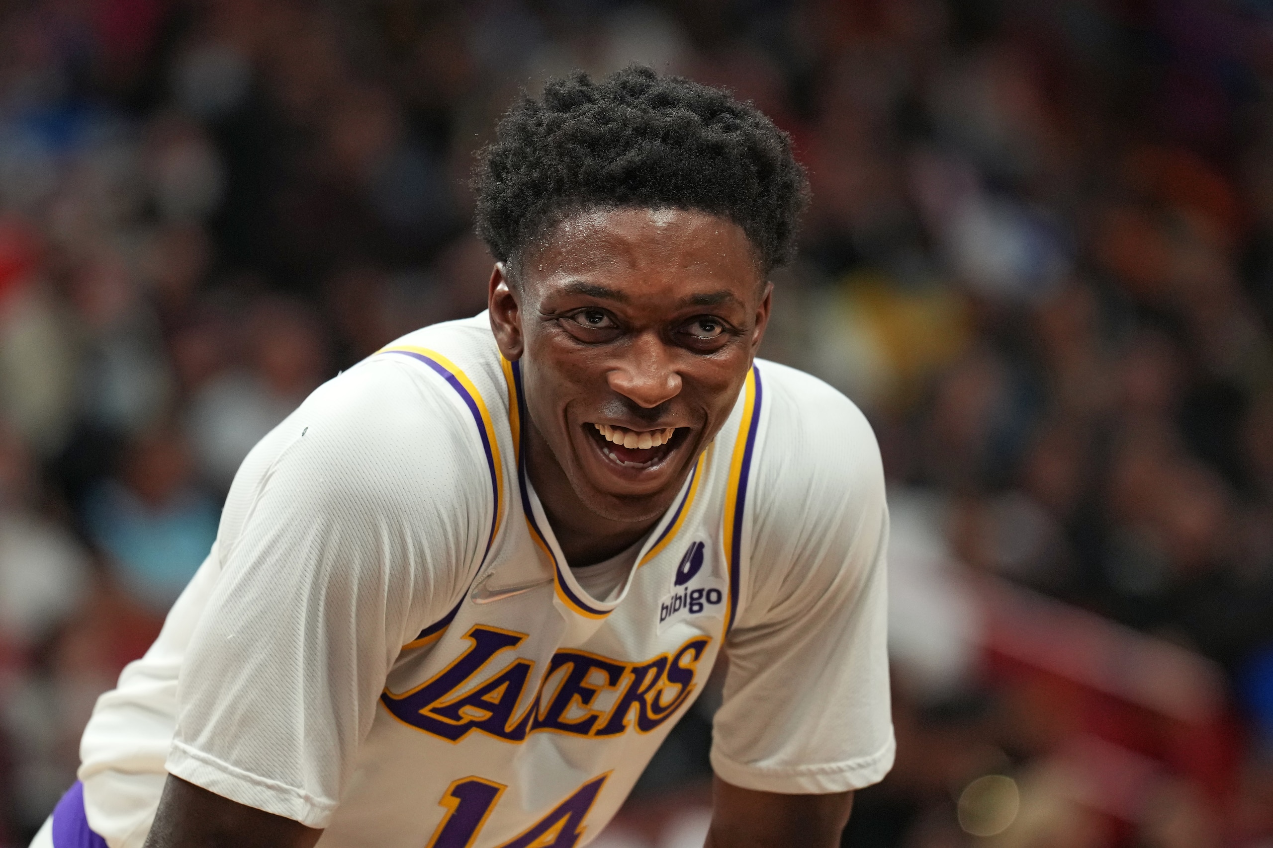 MIAMI, FL - JANUARY 23: Stanley Johnson #14 of the Los Angeles Lakers smiles during a game against the Miami Heat on January 23, 2022 at The FTX Arena in Miami, Florida. NOTE TO USER: User expressly acknowledges and agrees that, by downloading and/or using this Photograph, user is consenting to the terms and conditions of the Getty Images License Agreement. Mandatory Copyright Notice: Copyright 2022 NBAE (Photo by Jesse D. Garrabrant/NBAE via Getty Images)