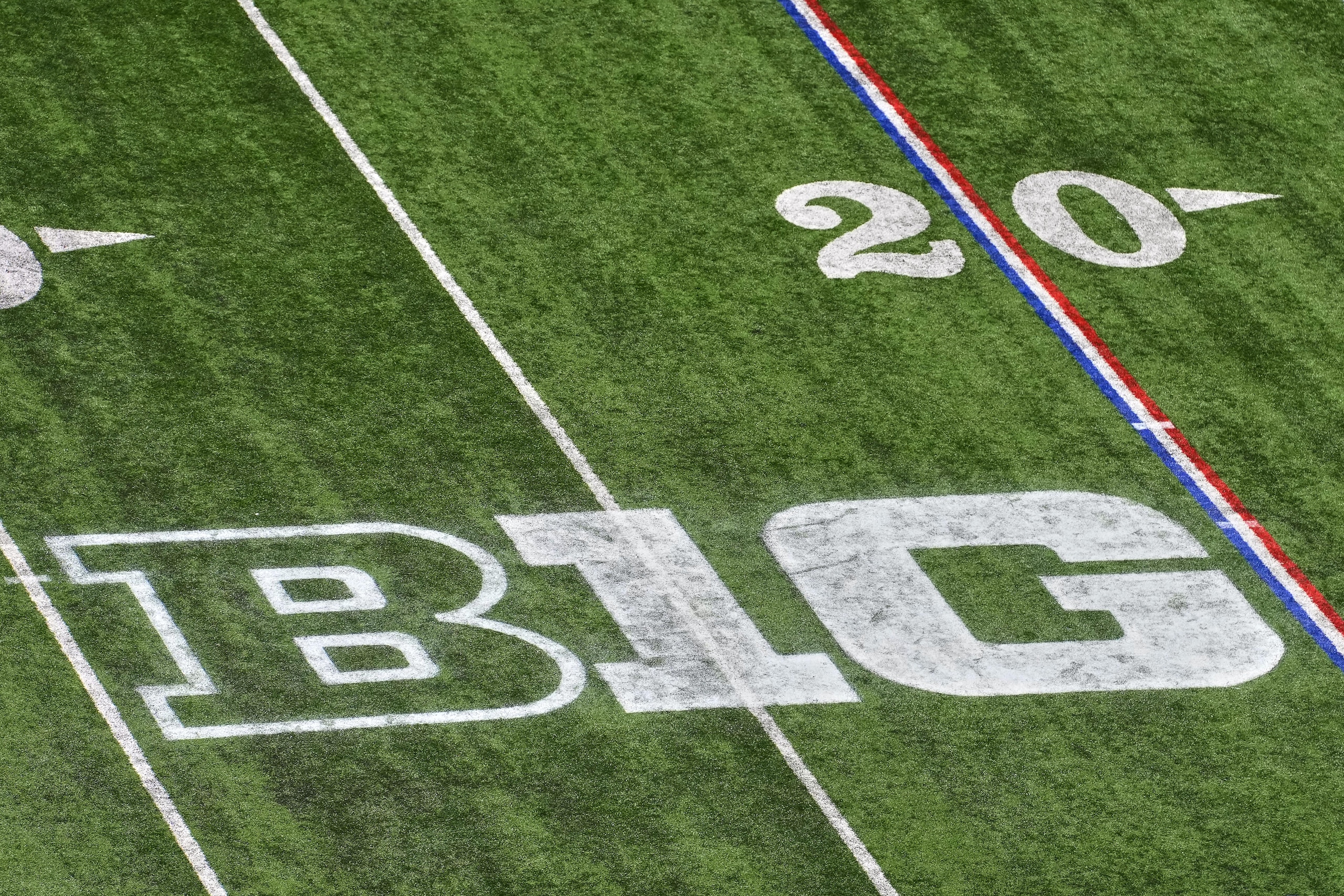 INDIANAPOLIS, IN - DECEMBER 04: A detail view of the Big Ten logo is seen at the 30 yard marker during the Big Ten Championship Game between the Iowa Hawkeyes and the Michigan Wolverines on December 04, 2021, at Lucas Oil Stadium, in Indianapolis, IL. (Photo by Robin Alam/Icon Sportswire via Getty Images)
