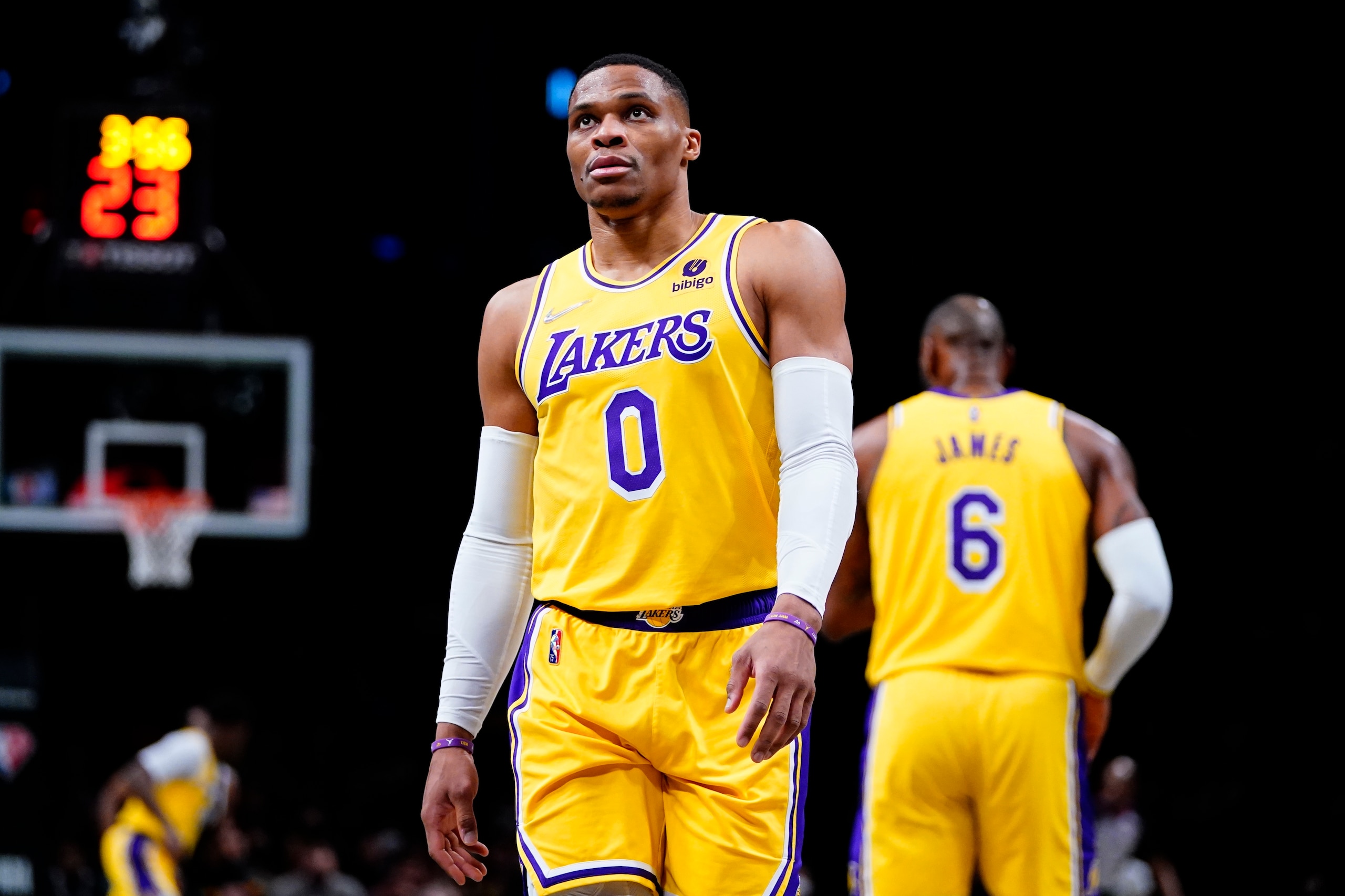 Los Angeles Lakers' Russell Westbrook (0) reacts during the second half of an NBA basketball game against the Brooklyn Nets Tuesday, Jan. 25, 2022 in New York. The Lakers won 106-96. (AP Photo/Frank Franklin II)