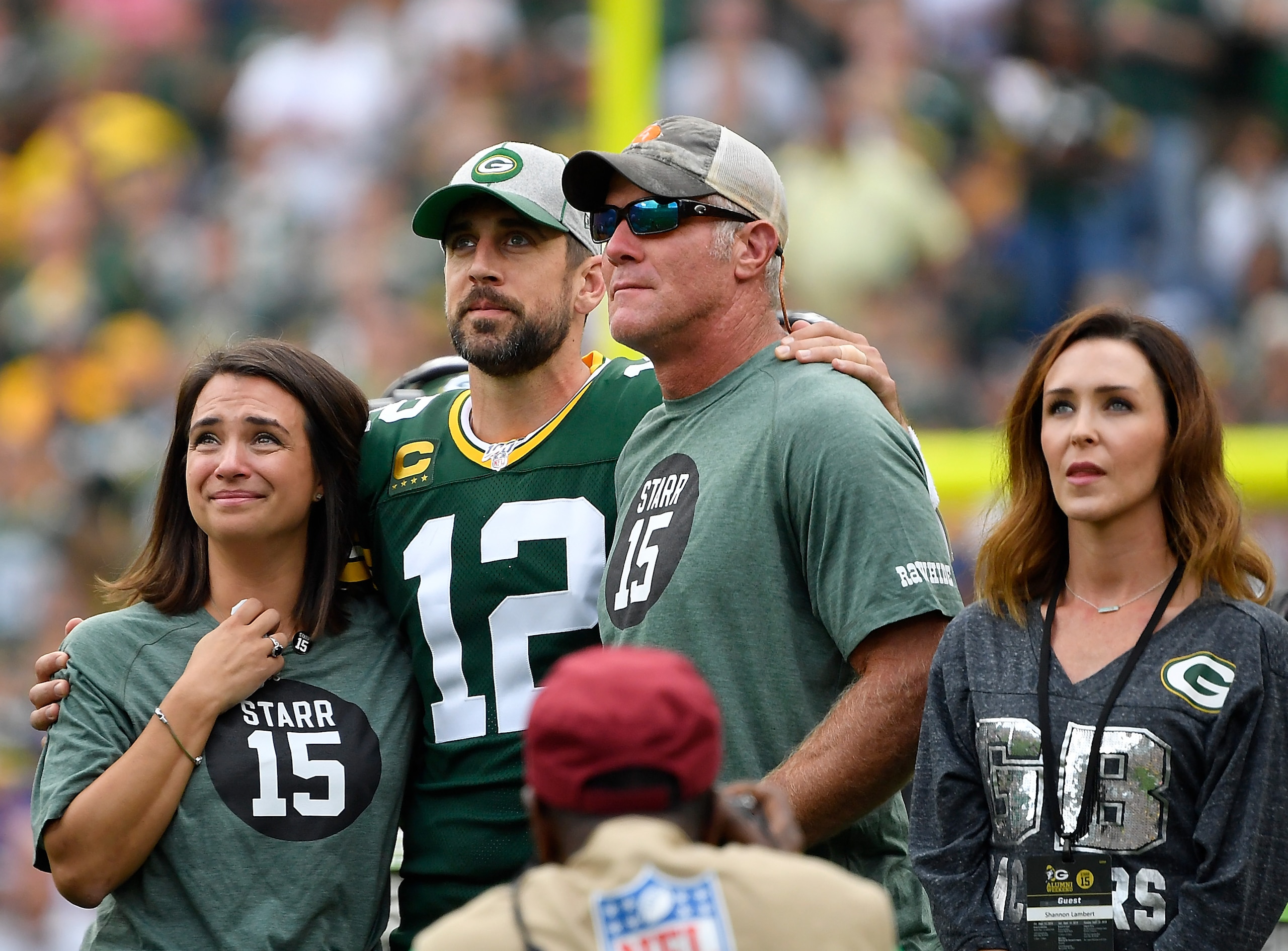 GREEN BAY, WISCONSIN - SEPTEMBER 15: Aaron Rodgers #12 of the Green Bay Packers shares a moment with former quarterback Brett Favre during a ceremony for the late Bart Starr at halftime of the game between the Minnesota Vikings and Green Bay Packers at Lambeau Field on September 15, 2019 in Green Bay, Wisconsin. (Photo by Quinn Harris/Getty Images) GREEN BAY, WISCONSIN - SEPTEMBER 15: Aaron Rodgers #12 of the Green Bay Packers shares a moment with former quarterback Brett Favre during a ceremony for the late Bart Starr at halftime of the game between the Minnesota Vikings and Green Bay Packers at Lambeau Field on September 15, 2019 in Green Bay, Wisconsin. (Photo by Quinn Harris/Getty Images)