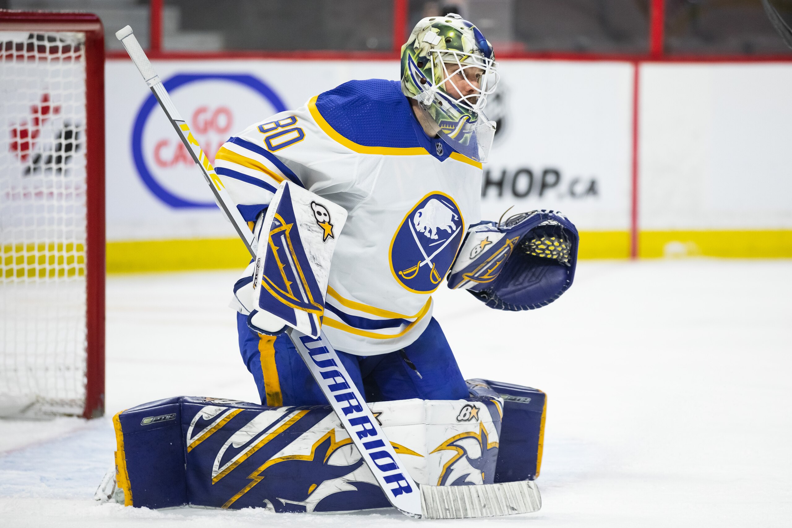 OTTAWA, ON - JANUARY 25: Buffalo Sabres Goalie Aaron Dell (80) pushes cross crease while preparing to make a save during second period National Hockey League action between the Buffalo Sabres and Ottawa Senators on January 25, 2022, at Canadian Tire Centre in Ottawa, ON, Canada. (Photo by Richard A. Whittaker/Icon Sportswire via Getty Images)