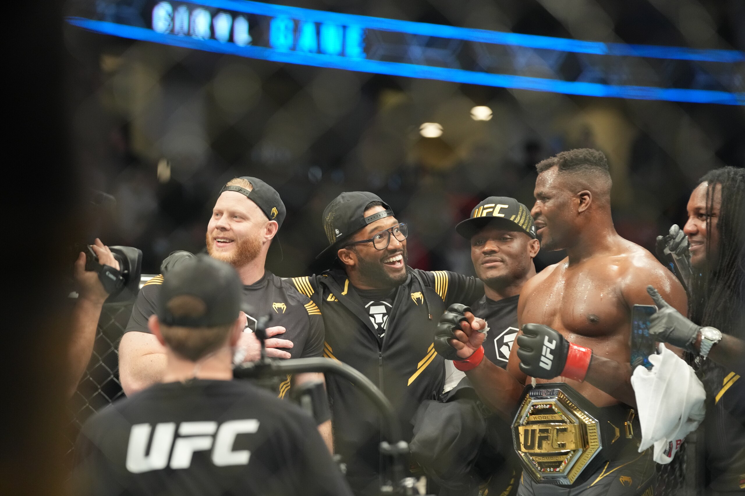 ANAHEIM, CA - JANUARY 22: Francis Ngannou celebrates his victory over Ciryl Gane in their Heavyweight championship fight during UFC 270 on January 22, 2022, at Honda Center in Anaheim, California. (Photo by Louis Grasse/PxImages/Icon Sportswire via Getty Images)