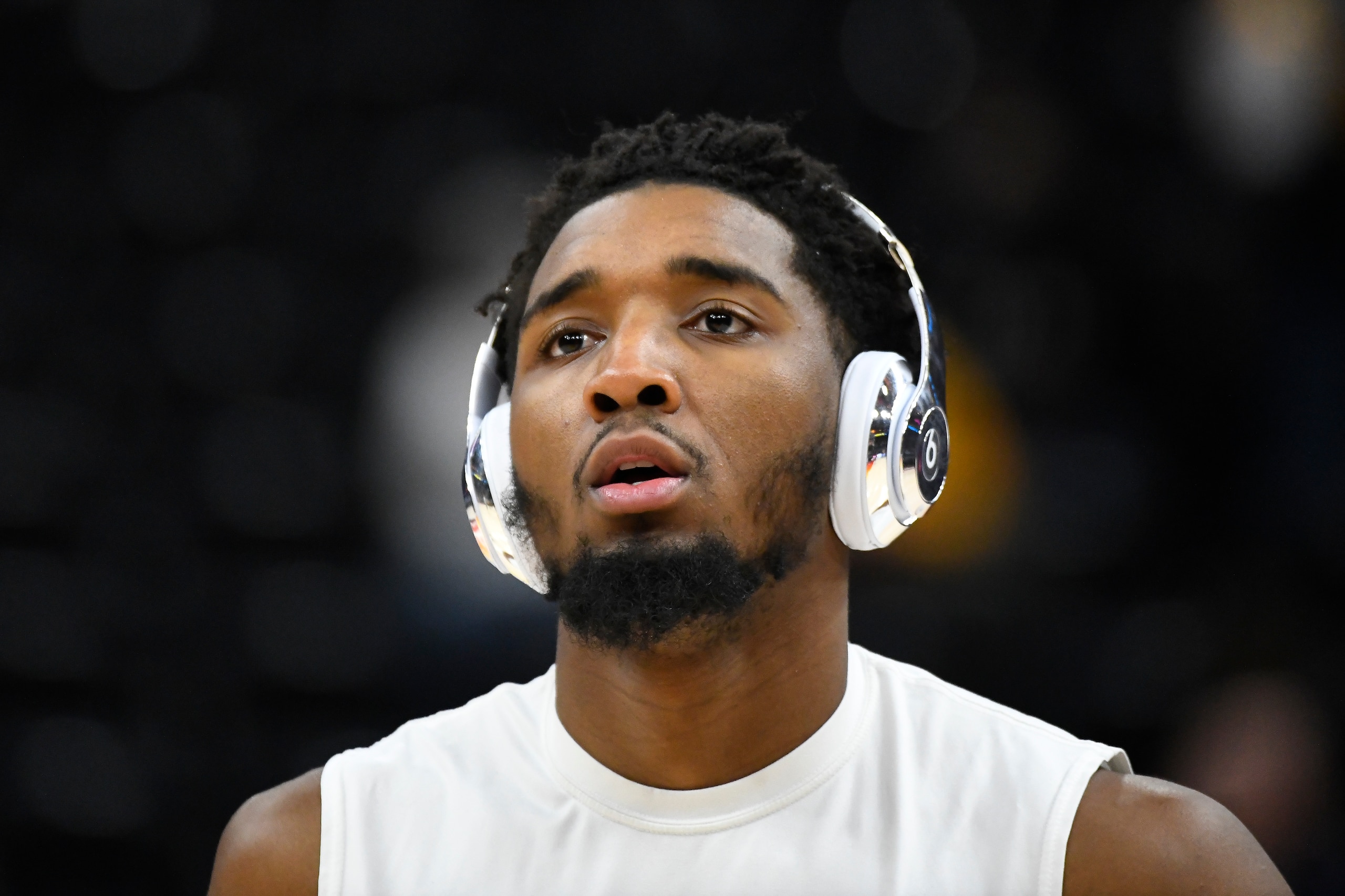 SALT LAKE CITY, UTAH - JANUARY 26: Donovan Mitchell #45 of the Utah Jazz looks on before a game at Vivint Smart Home Arena on January 26, 2022 in Salt Lake City, Utah. NOTE TO USER: User expressly acknowledges and agrees that, by downloading and or using this photograph, User is consenting to the terms and conditions of the Getty Images License Agreement. (Photo by Alex Goodlett/Getty Images)