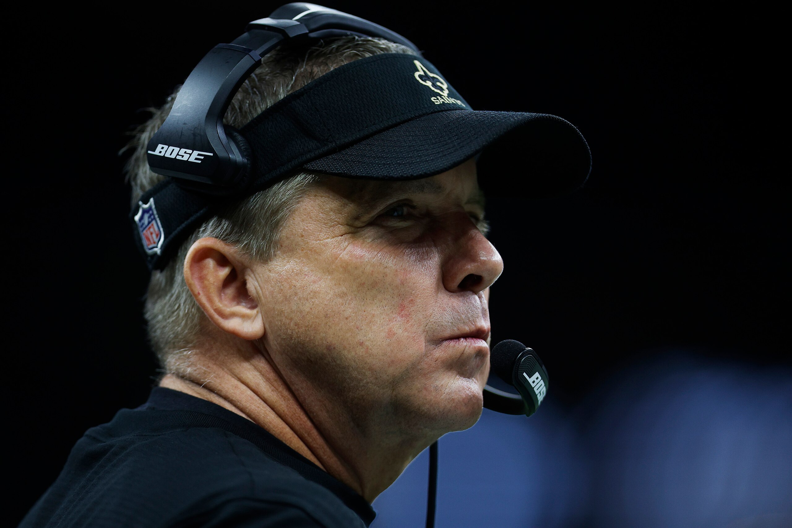 NEW ORLEANS, LOUISIANA - DECEMBER 27: Head coach Sean Payton of the New Orleans Saints looks on during the first half against the Miami Dolphins at Caesars Superdome on December 27, 2021 in New Orleans, Louisiana. (Photo by Chris Graythen/Getty Images)