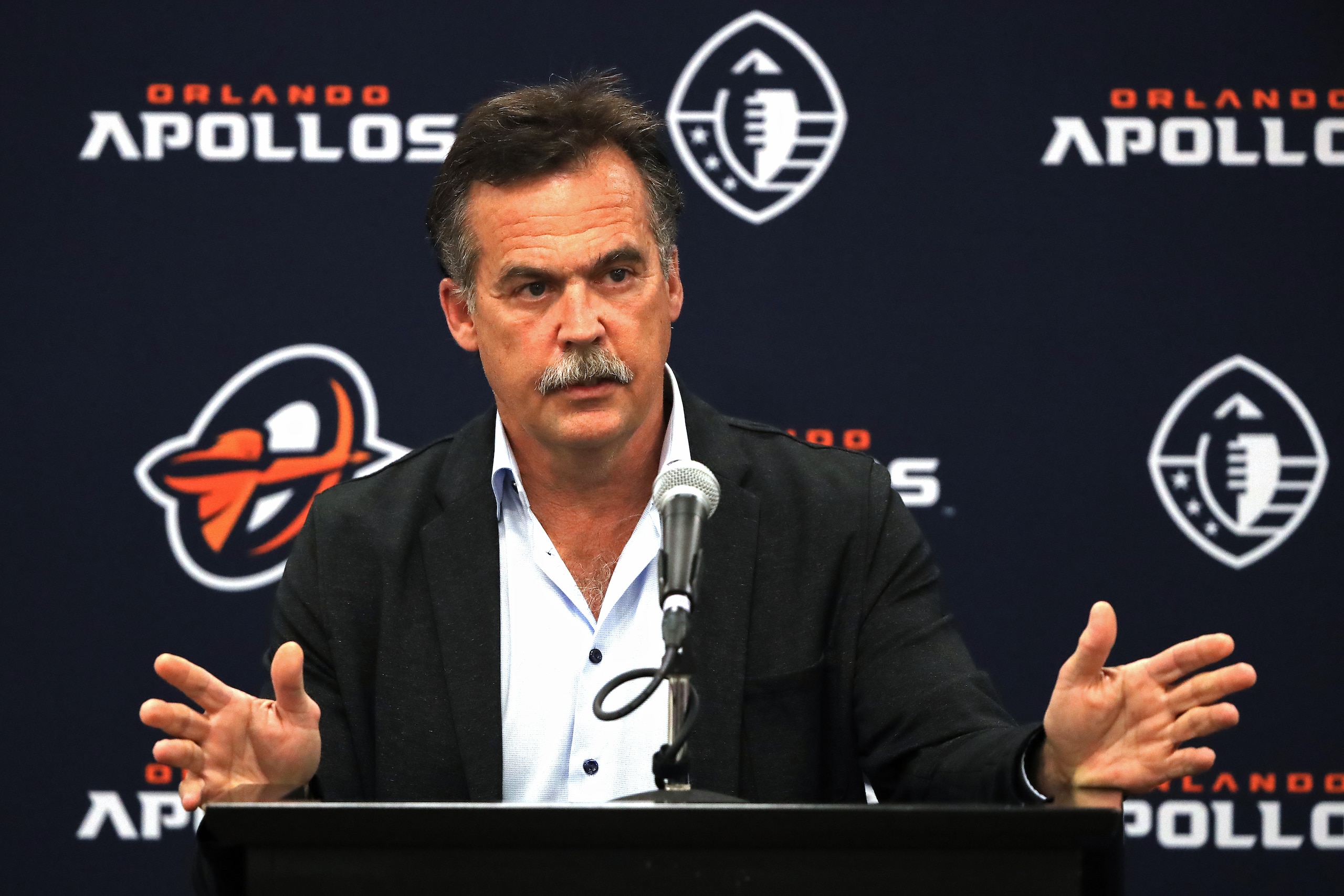 ORLANDO, FLORIDA - FEBRUARY 09:  AAF official and former NFL coach Jeff Fisher speaks with the media following the game between the Orlando Apollos and the Atlanta Legends on February 09, 2019 in Orlando, Florida. The Apollos defeated the Legends 40-6. (Photo by Sam Greenwood/AAF/Getty Images)