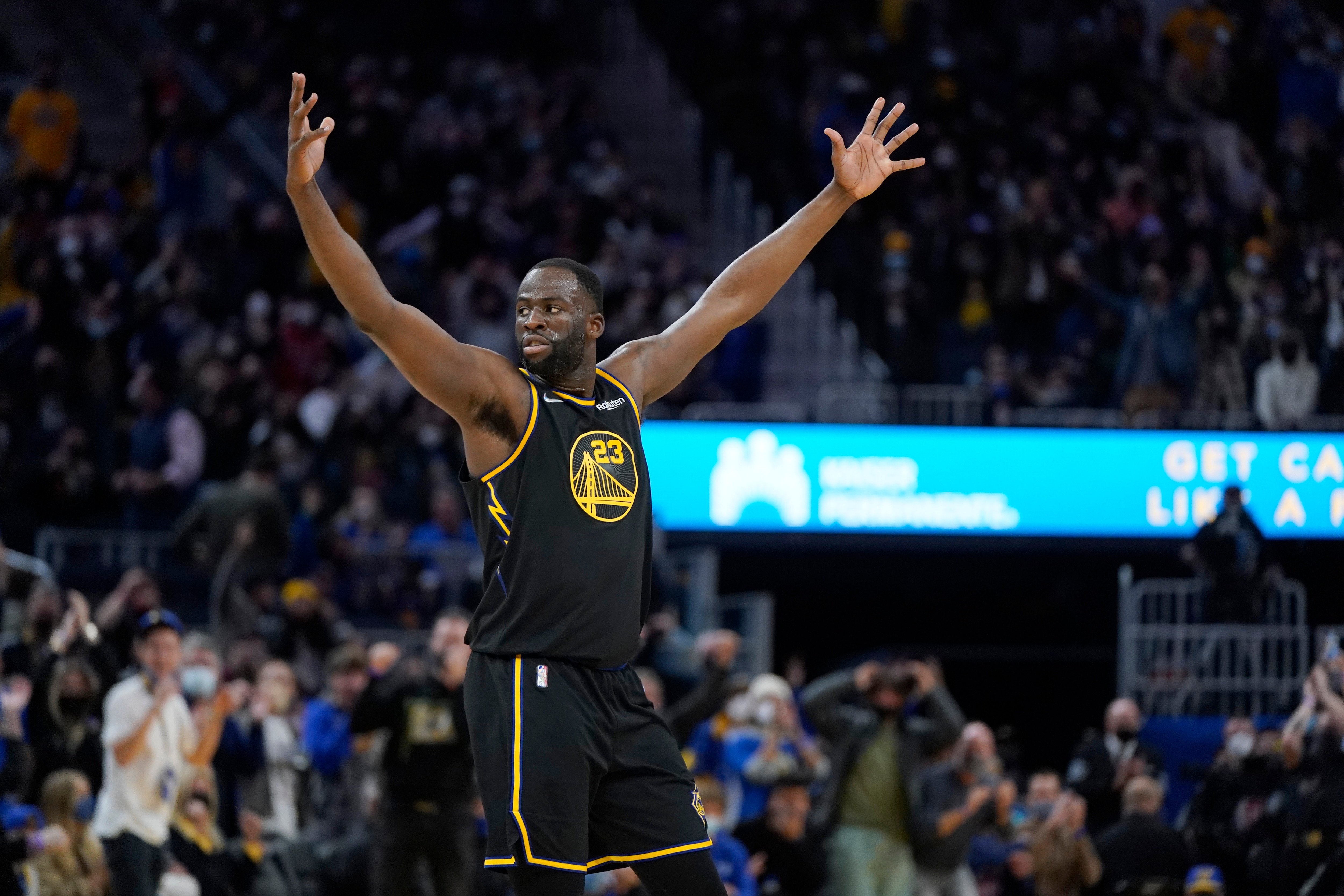 Golden State Warriors forward Draymond Green (23) during an NBA basketball game against the Miami Heat in San Francisco, Monday, Jan. 3, 2022. (AP Photo/Jeff Chiu)