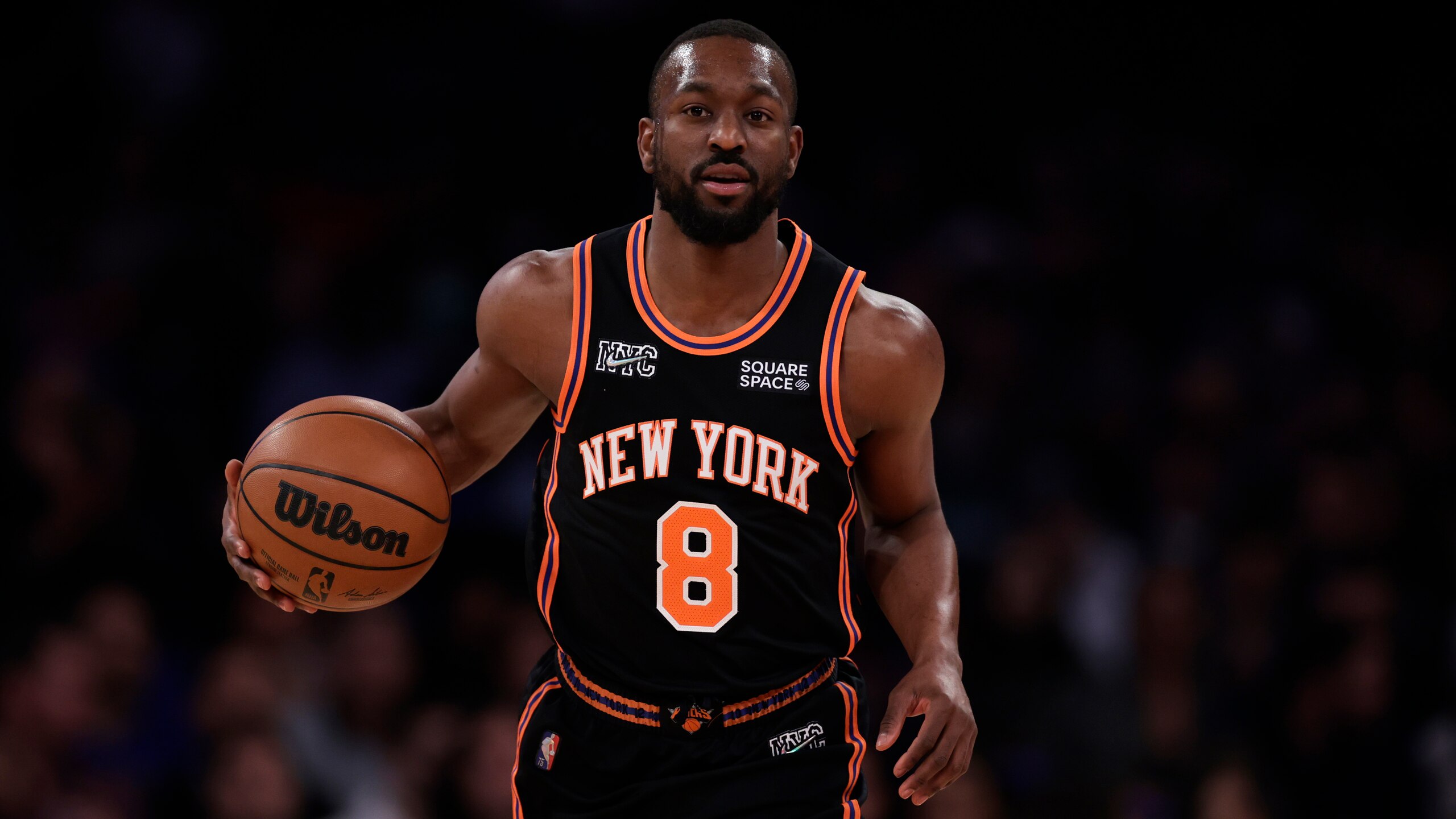 New York Knicks guard Kemba Walker (8) looks to pass against the New Orleans Pelicans during the first half of an NBA basketball game Thursday, Jan. 20, 2022, in New York. (AP Photo/Adam Hunger)
