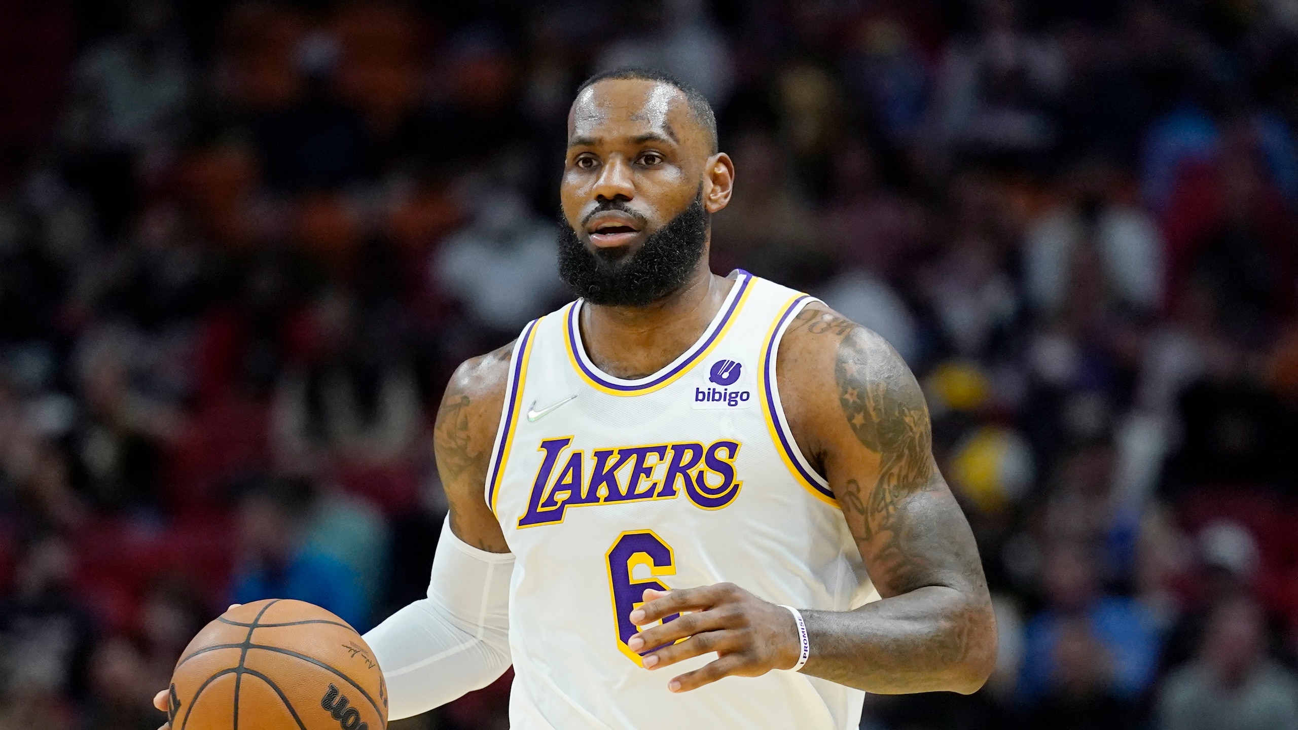 Los Angeles Lakers forward LeBron James (6) is in action during the first half of an NBA basketball game against the Miami Heat, Sunday, Jan. 23, 2022, in Miami. (AP Photo/Lynne Sladky) Los Angeles Lakers forward LeBron James (6) is in action during the first half of an NBA basketball game against the Miami Heat, Sunday, Jan. 23, 2022, in Miami. (AP Photo/Lynne Sladky)