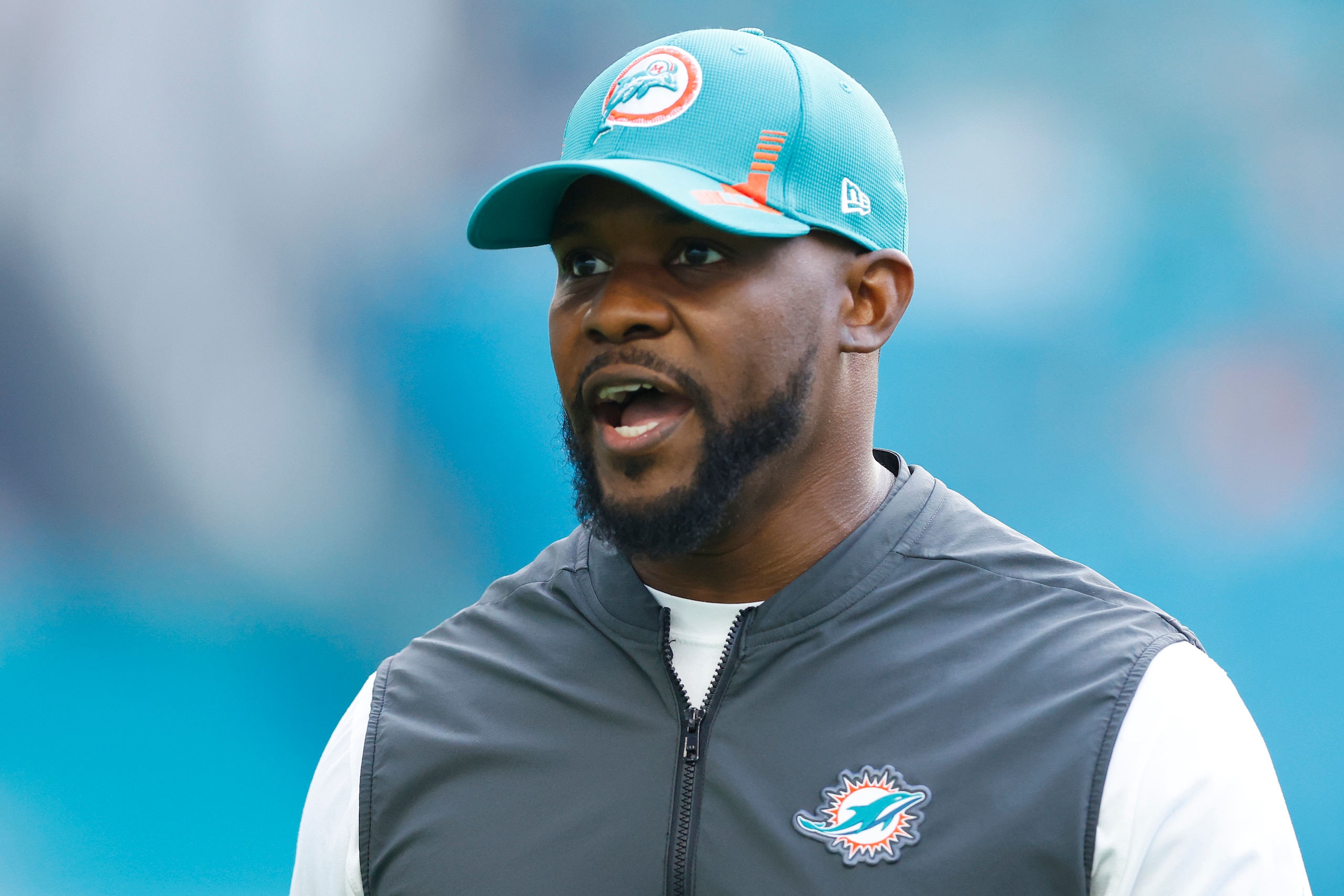 MIAMI GARDENS, FLORIDA - JANUARY 09: Head coach Brian Flores of the Miami Dolphins looks on prior to the game against the New England Patriots at Hard Rock Stadium on January 09, 2022 in Miami Gardens, Florida. (Photo by Michael Reaves/Getty Images)