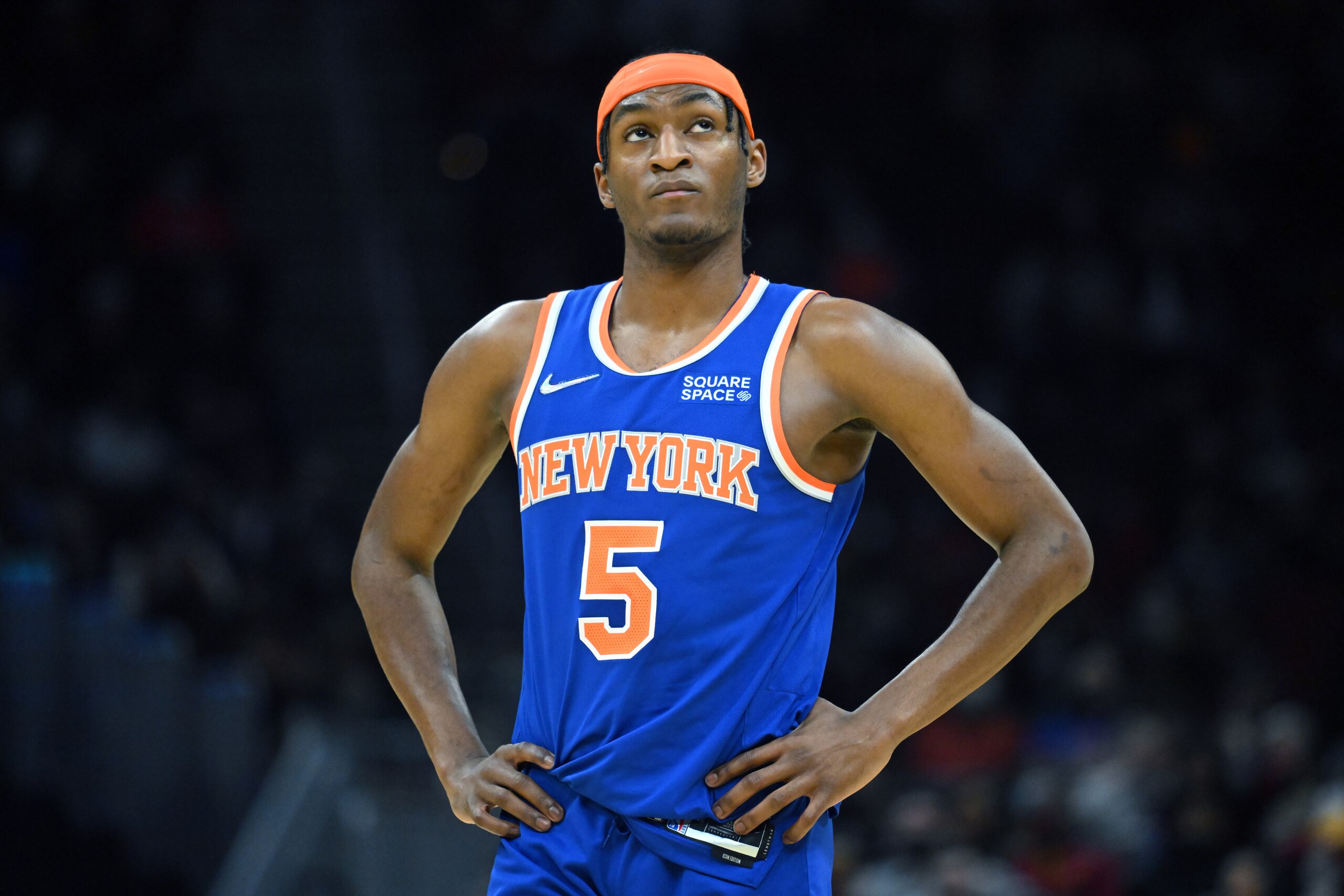 CLEVELAND, OHIO - JANUARY 24: Immanuel Quickley #5 of the New York Knicks pauses between plays during the second half against the Cleveland Cavaliers at Rocket Mortgage Fieldhouse on January 24, 2022 in Cleveland, Ohio. The Cavaliers defeated the Knicks 95-93. NOTE TO USER: User expressly acknowledges and agrees that, by downloading and/or using this photograph, user is consenting to the terms and conditions of the Getty Images License Agreement. (Photo by Jason Miller/Getty Images)