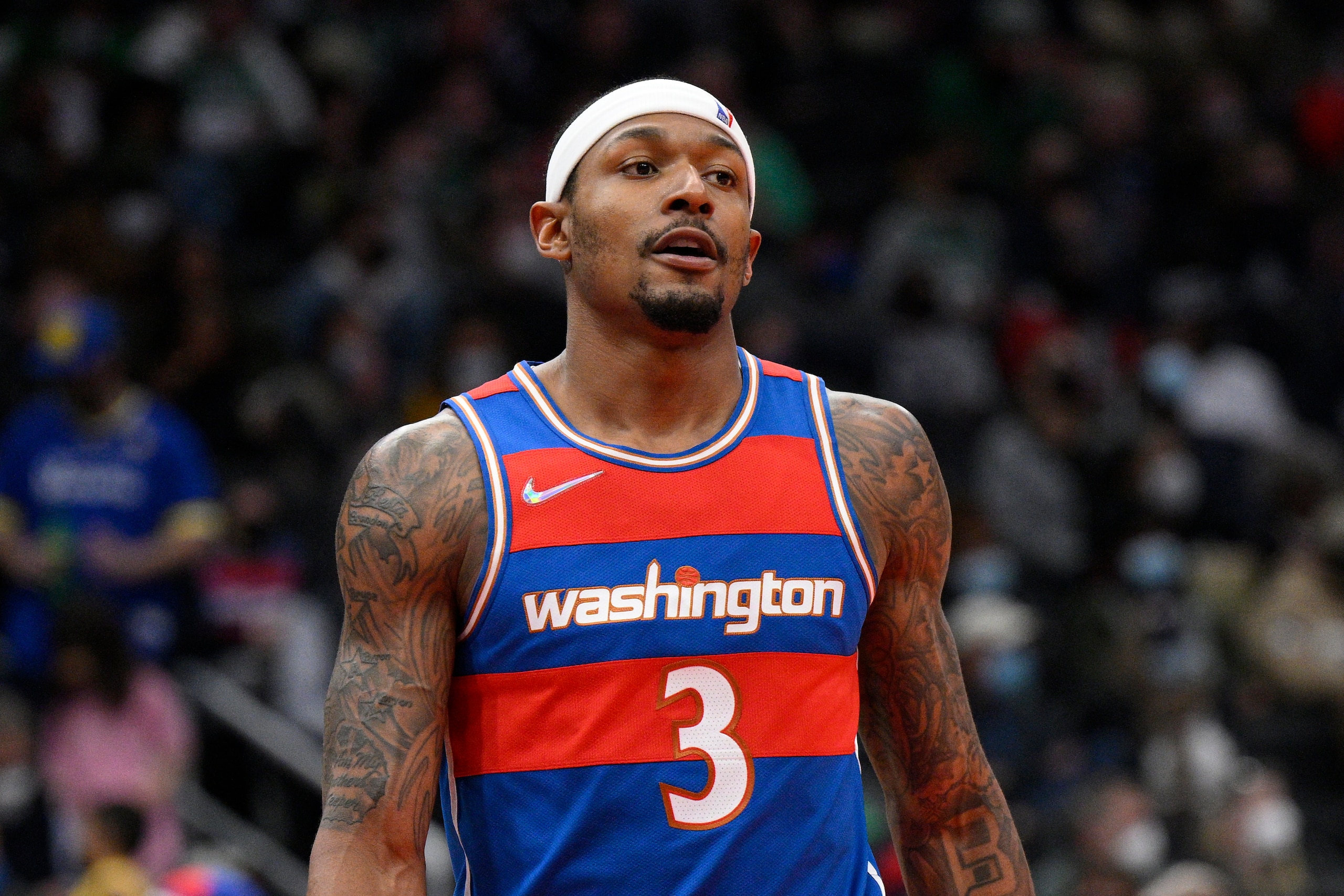 Washington Wizards guard Bradley Beal (3) in action during the second half of an NBA basketball game against the Boston Celtics, Sunday, Jan. 23, 2022, in Washington. The Celtics won 116-87. (AP Photo/Nick Wass)